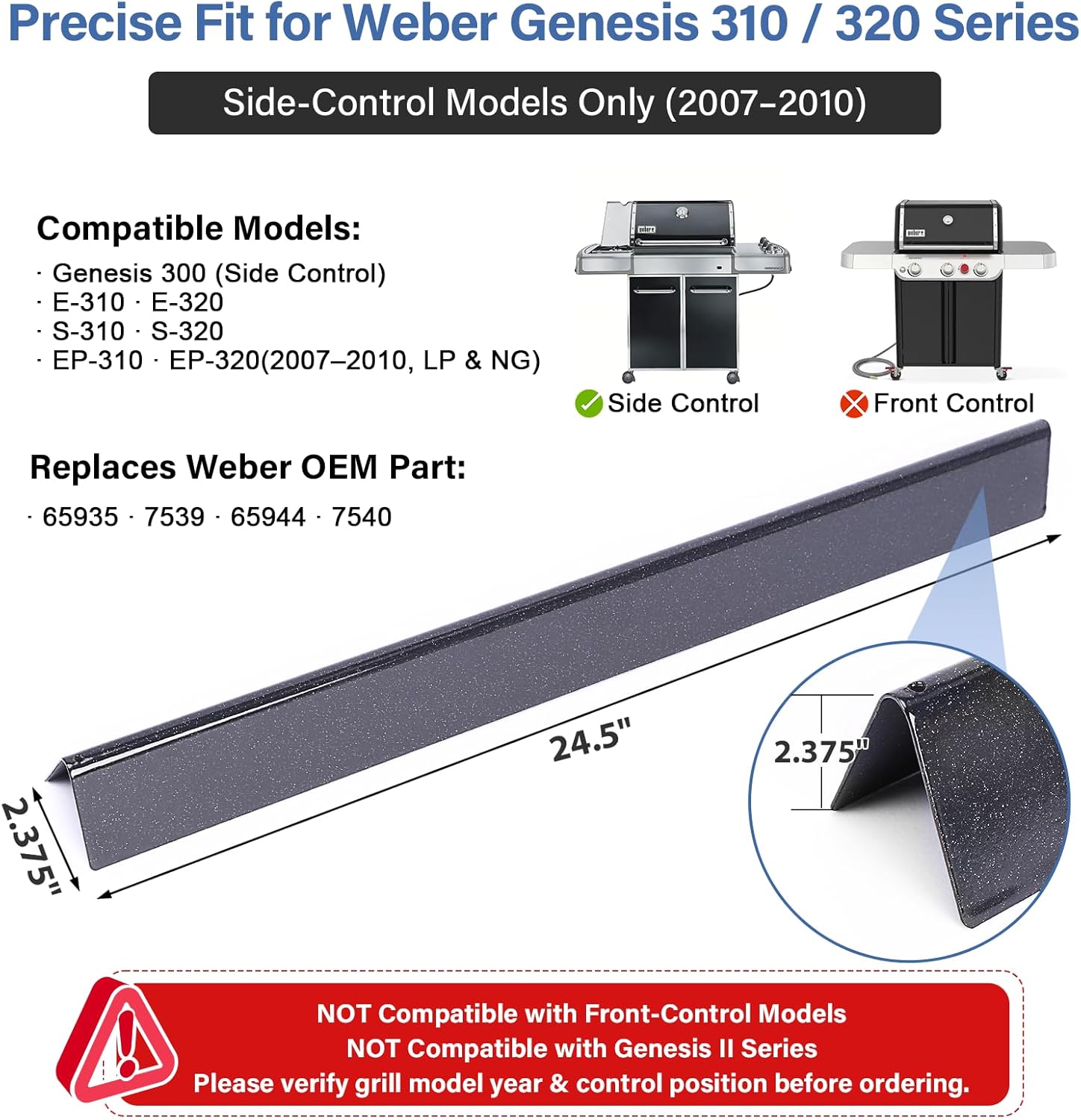 24.5" 5-Pack Porcelain Steel Flavorizer Bars - 7539/7540 Replacement Heat Plates for Weber Genesis 300 Series (2007–2010 Side Control: E310/E320/S310/S320/EP310/EP320)