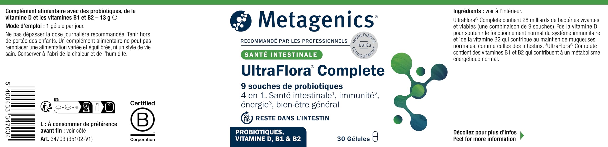 Metagenics UltraFlora Complete, Probiotiques Vit. D B1 B2, 30 Gélules | Ferments lactiques avec vitamines D, B1 et B2. La vitamine D contribue au fonctionnement normal du système immunitaire.