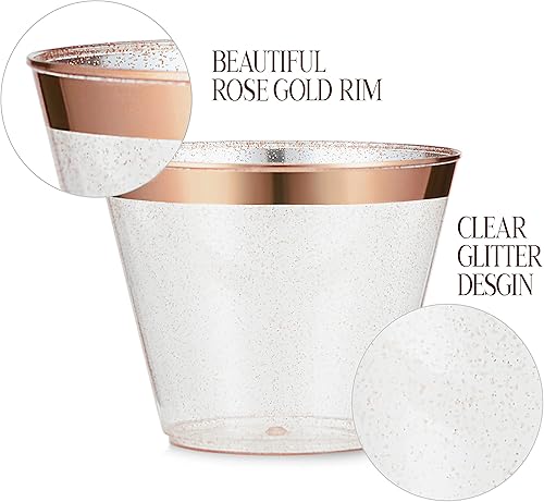 Miniatura 9 de Paquete de 100 vasos de plástico de 9 onzas con purpurina dorada con borde dorado, tazas de fiesta de alta calidad, elegantes y resistentes, bodas,
