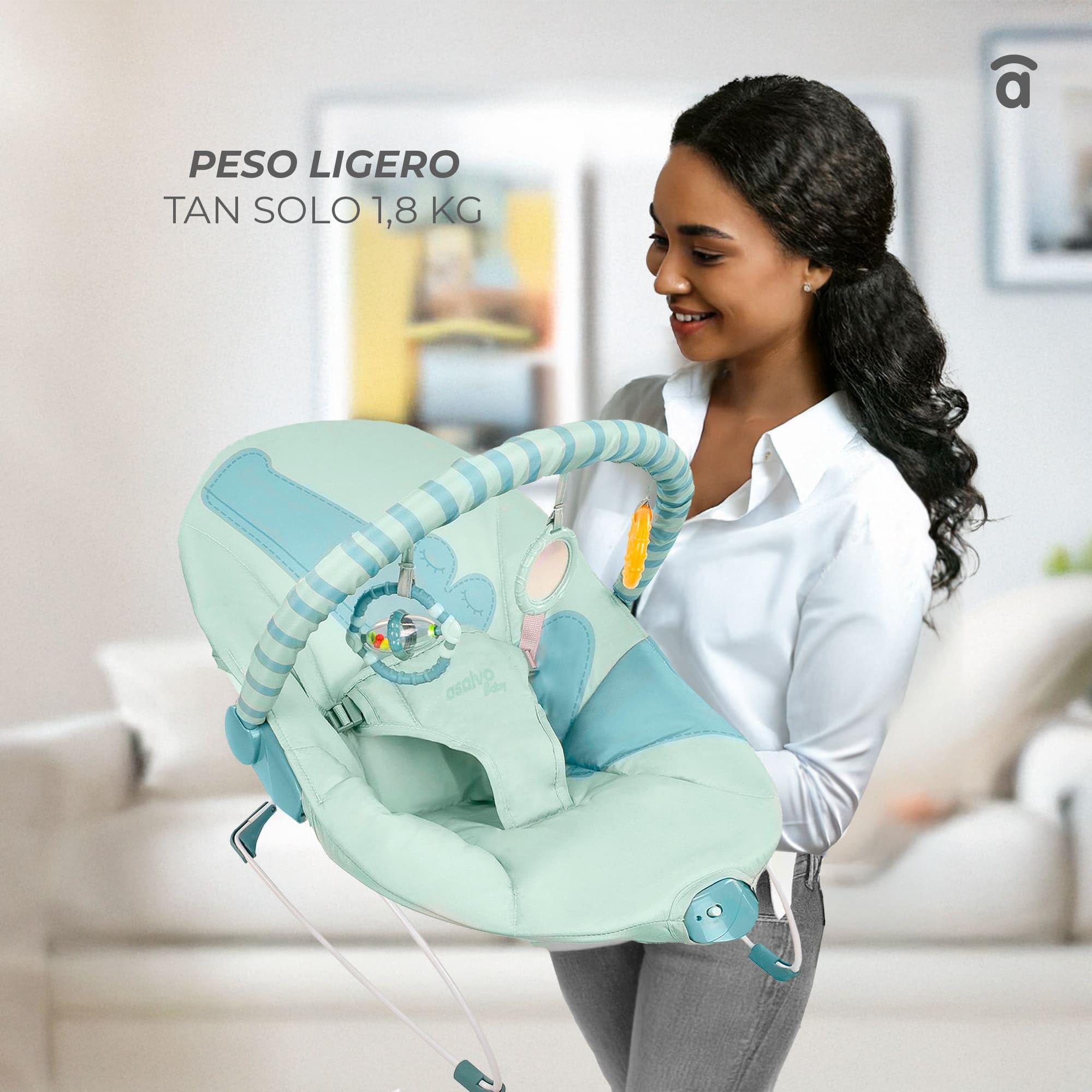 Asalvo MUMMY Hamaquita Musical desde el nacimiento, Balancín para bebés, Plegado Compacto, Reclinable con una sola mano, Movimiento natural, Arco con juguetes, Fácil de limpiar, Hippo Gris