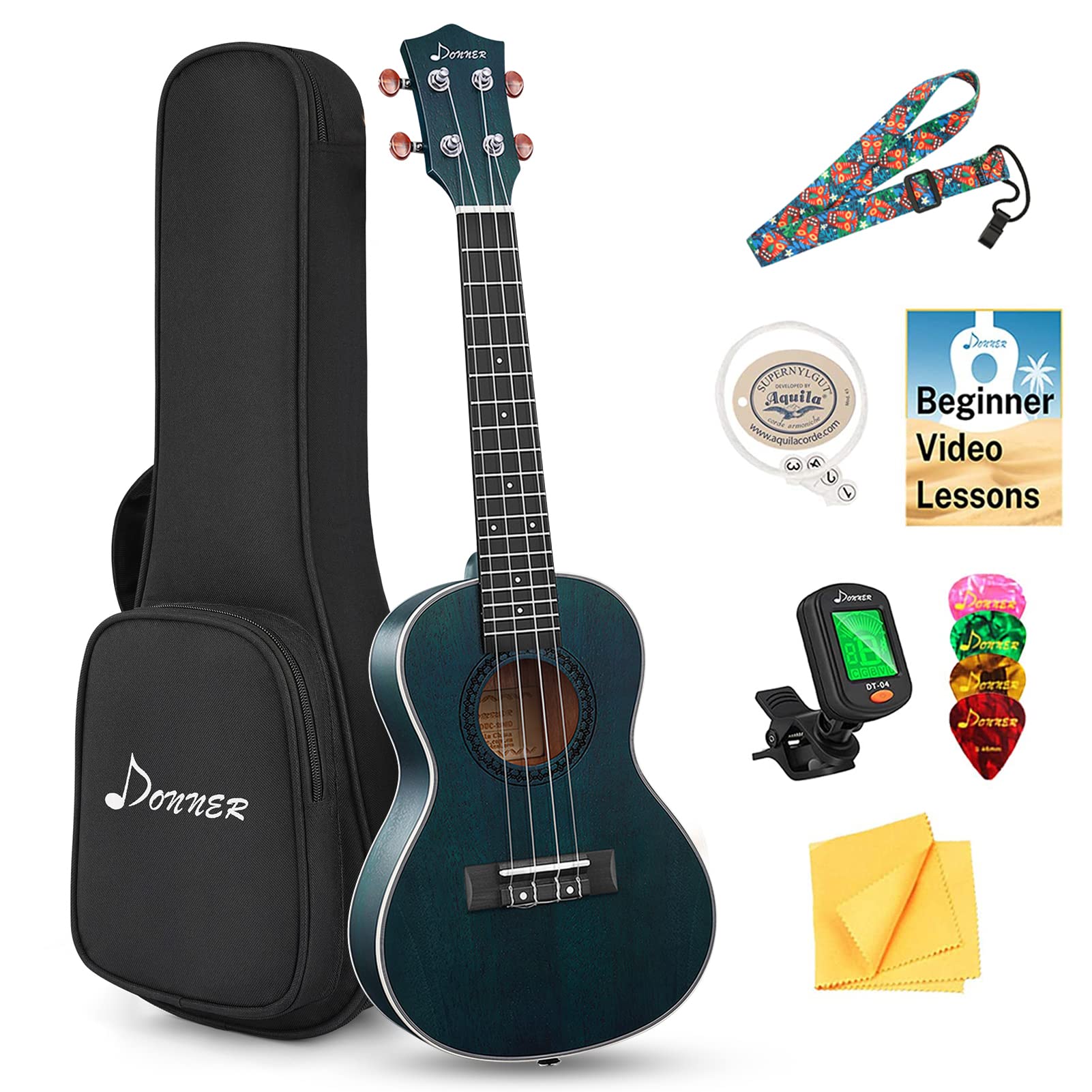 Donner Concert Ukulele Professional 23 Inch Mahogany Ukelele for Kid Adult Beginner Ukele Bundle with Online Lesson Gig Bag Aquila String Pick Tuner Strap Cloth DUC-200B Blue