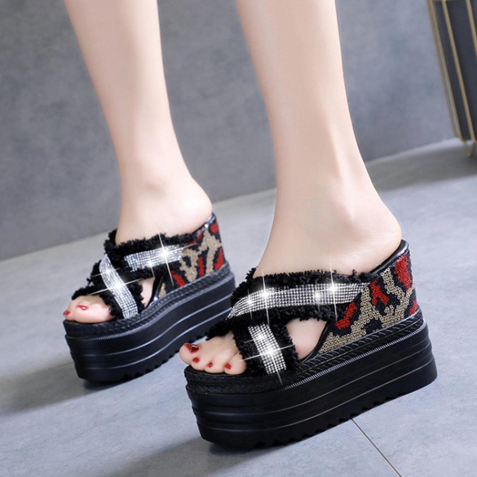 Sandalias y sandalias de verano con diamantes de imitación de plataforma blanca para mujer, sandalias de cuña informales, zapatillas de mujer