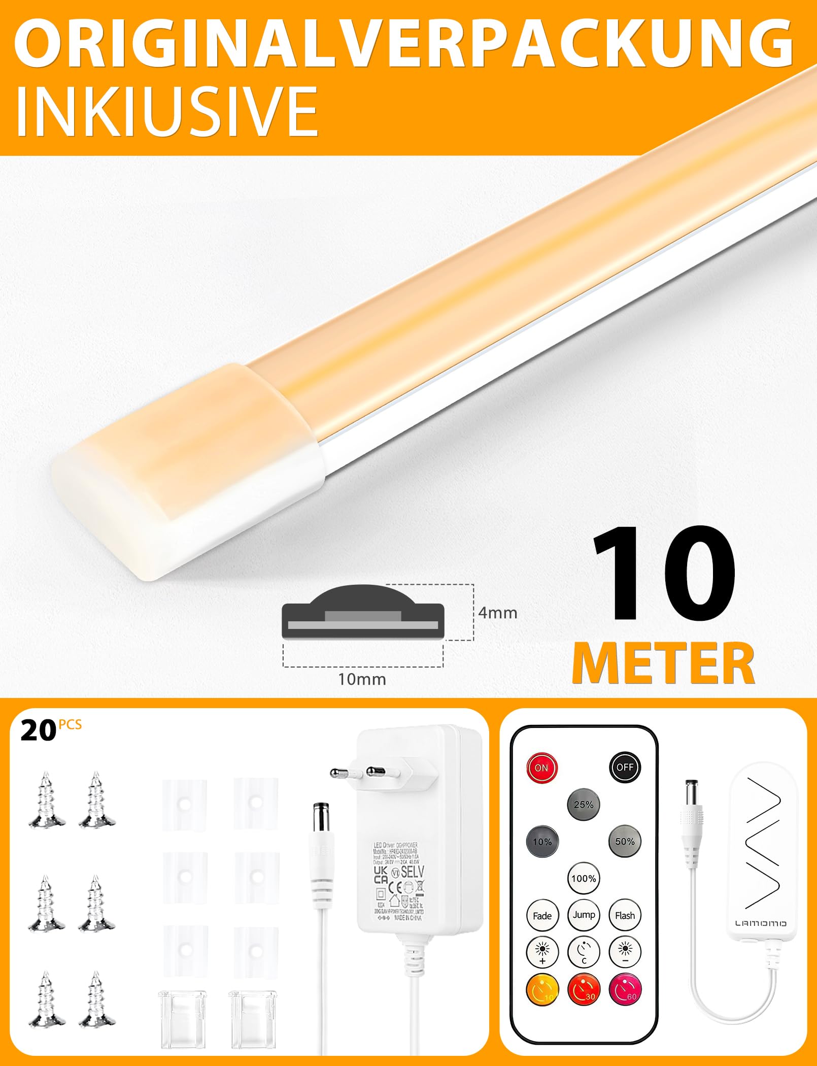 Striscia LED COB, luce bianca calda, dimmerabile, 10 m, con telecomando, 3000 K, autoadesiva, impermeabile, larghezza 10 mm, in silicone, flessibile, per TV, camera da letto, CRI90+