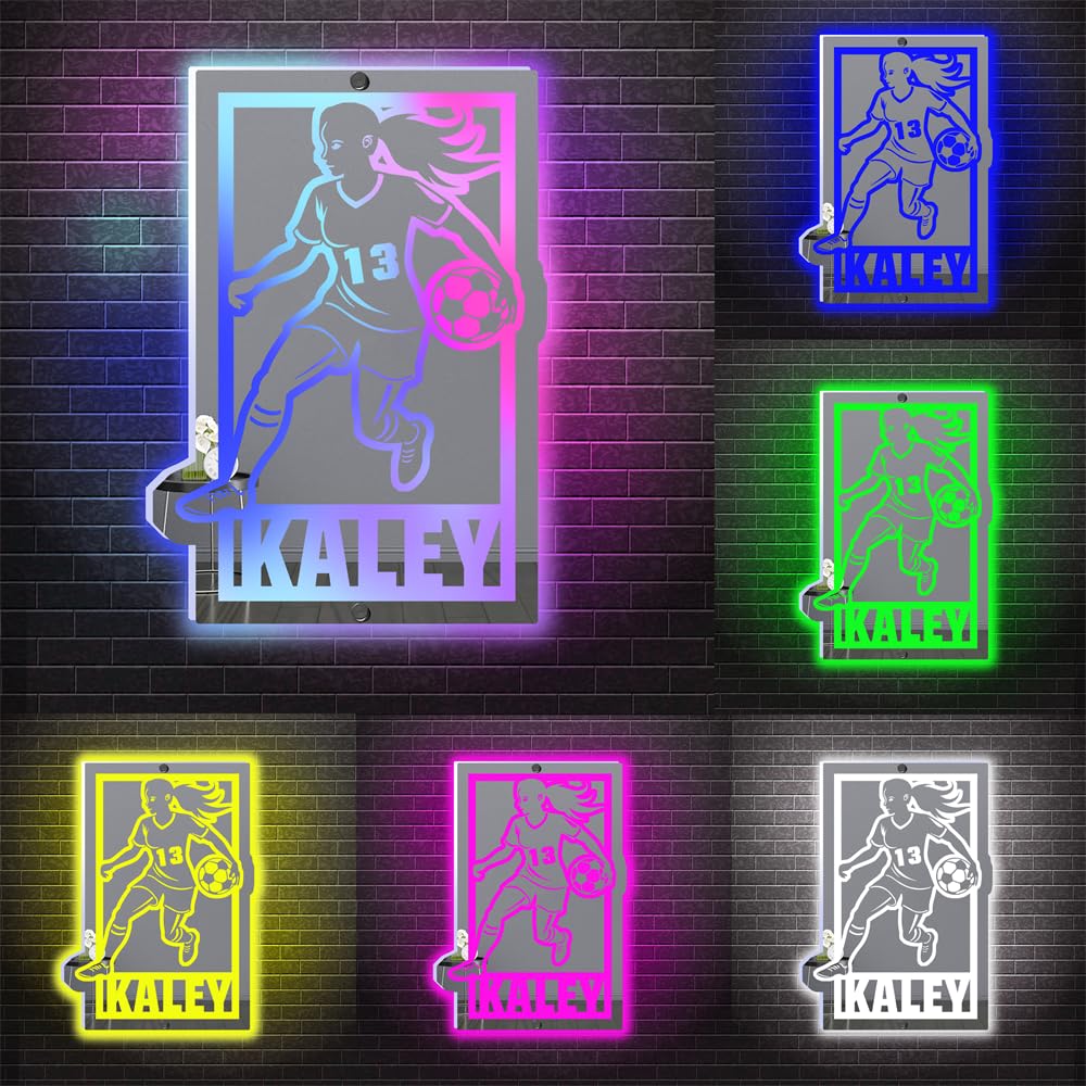 Ktfhvgy Customized Name Women's Soccer Acrylic Mirror Light, Women's Soccer Player Mirror neon Light Sports Decoration, Soccer Player Sports Lover Decoration (style-10)