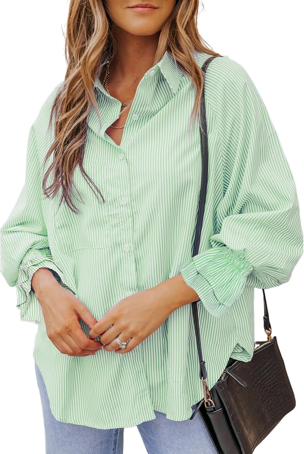 whoinshop Women's Striped Button Down Shirts Oversized Smocked Cuffed Boyfriend Shirt Puff Sleeve Blouse Top with 3 Pockets