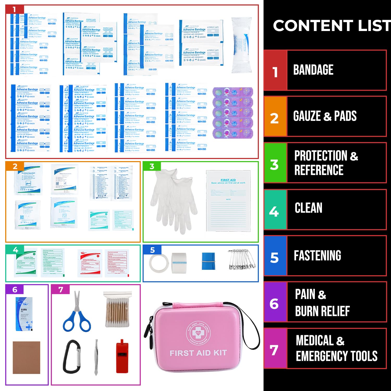 Kit de primeros auxilios pequeño, kit médico de emergencia de 165 piezas de doble color con carcasa dura y revestimiento exterior fluorescente, kit de primeros auxilios de emergencia para el hogar