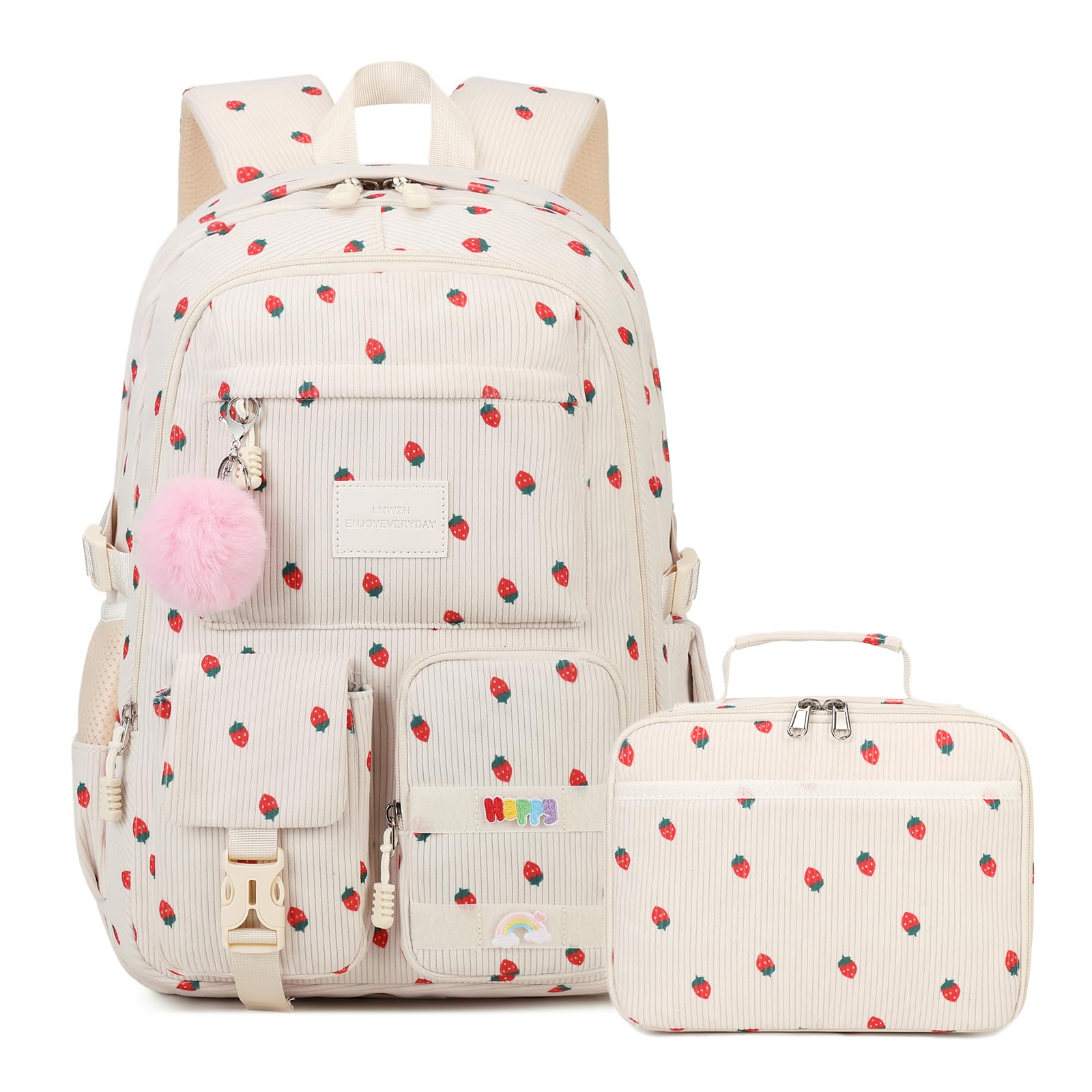 Lmwzh school backpack Big Student Laptop Suitable for Women aged Middle High School Teen Girls Bookbag (4Strawberry-Set)
