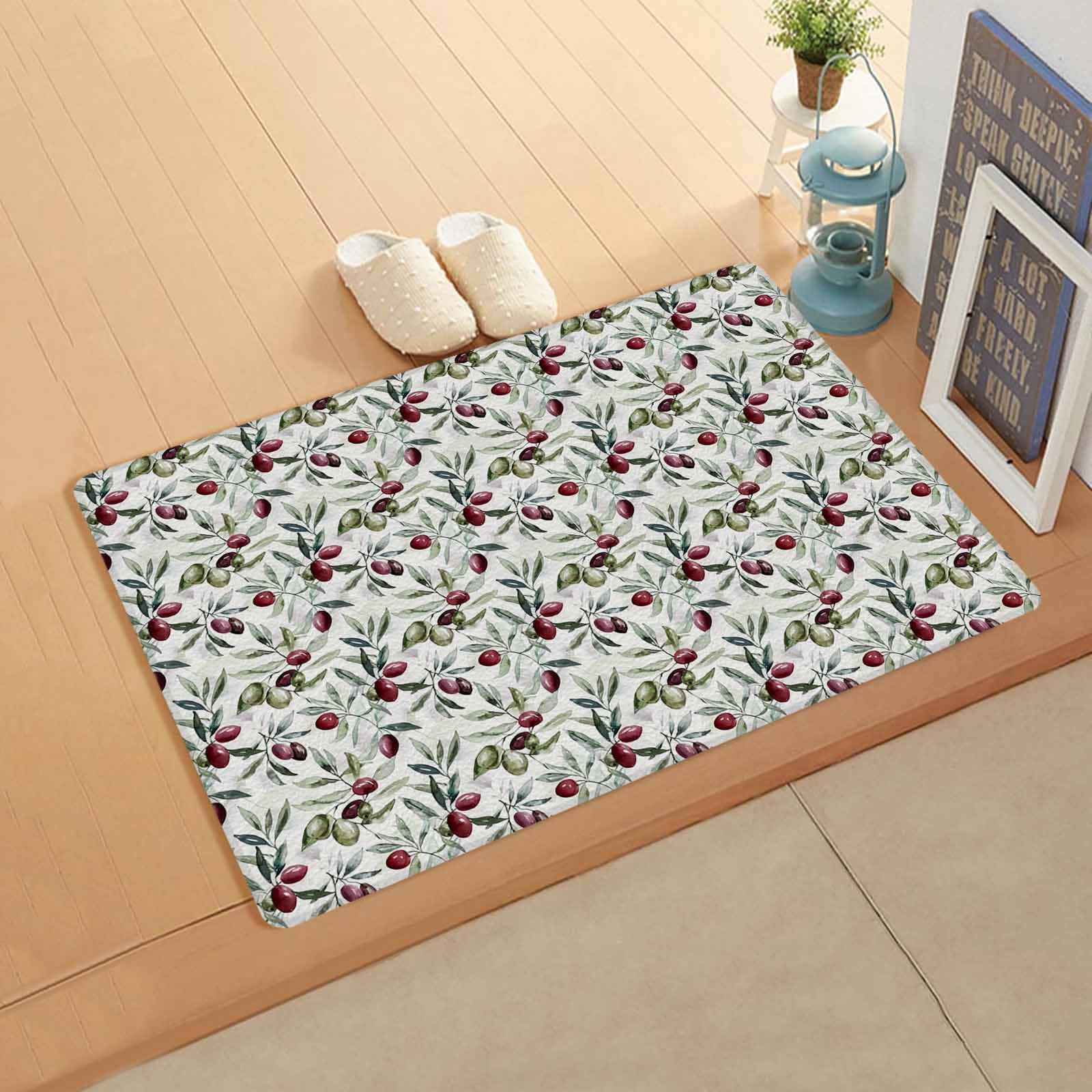 Botanical Antifatigue Kitchen Bath Door Mat Cushioned Runner Rug,Washable Welcome Floor Sink Mat,Waterproof & Non-Slip Standing Doormat for Kitchen,Green Tropical Leaves Red Berry Plant Leaves 24
