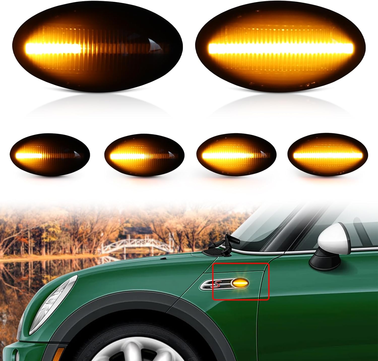 Smoked Lens LED Side Fender Marker Light for 2002-2006 BMW Mini Cooper R50 R52 R53 Hatchback Coupe Convertible, Amber Sequential Indicator Sidemarker Lamps