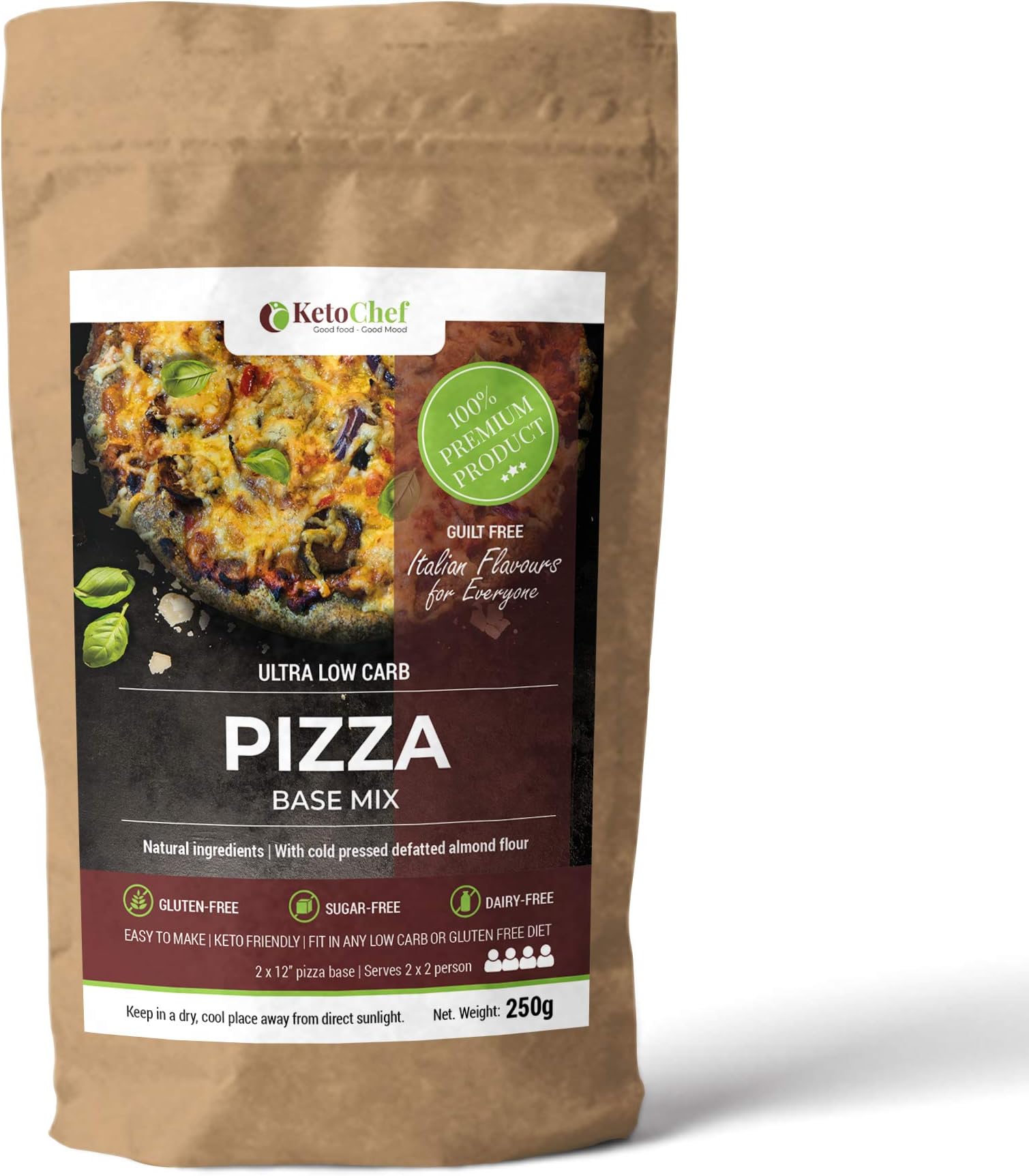 Ultra Lowcarb Pizza Base Mix, 250g with Cold Pressed defatted Almond Flour. Gluten Free, Perfect for Ketogenic and Any Atkins Diet(CH 6g/100g)