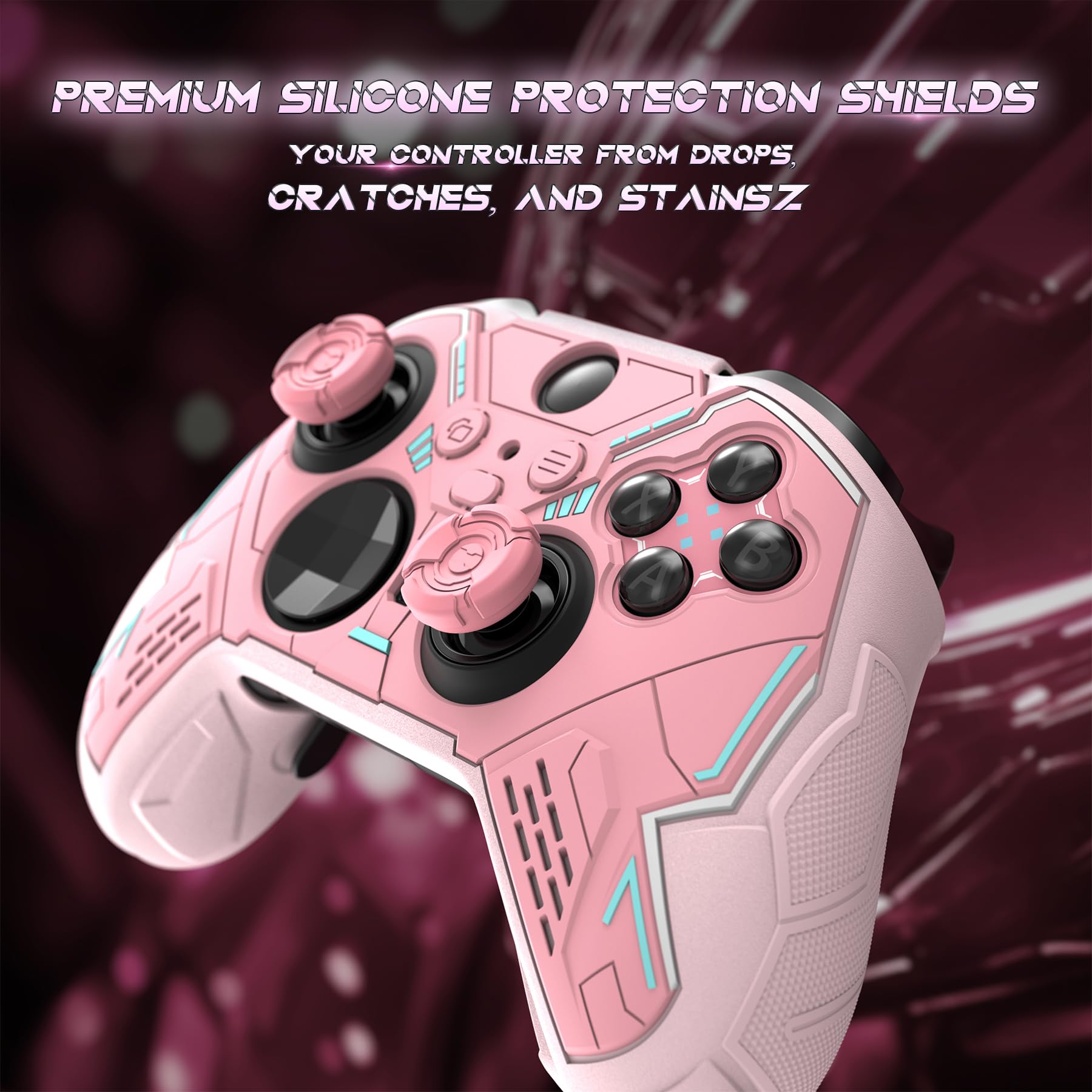playvital Coque Manette pour Xbox Elite Series 2 Core avec Capuchon Joystick & Autocollant,Housse Silicone pour Xbox Elite Series 2 Controller Procetive Case-Rose Pêche & Rose Fleuri,Mecha Stellaire