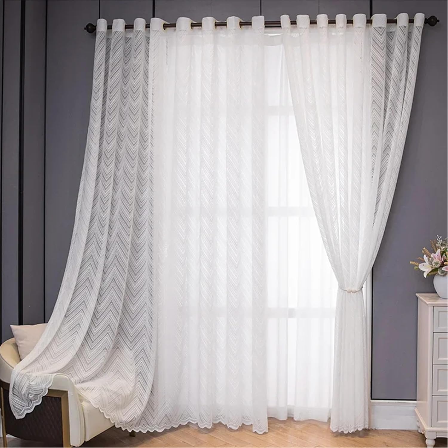 Thermal Insulated Blackout Curtains 2 Pieces Modern Simple Mirror Veil Curtains Striped Bay Window Living Room Bedroom Balcony Sun Protection White(W100cmXH250cm)