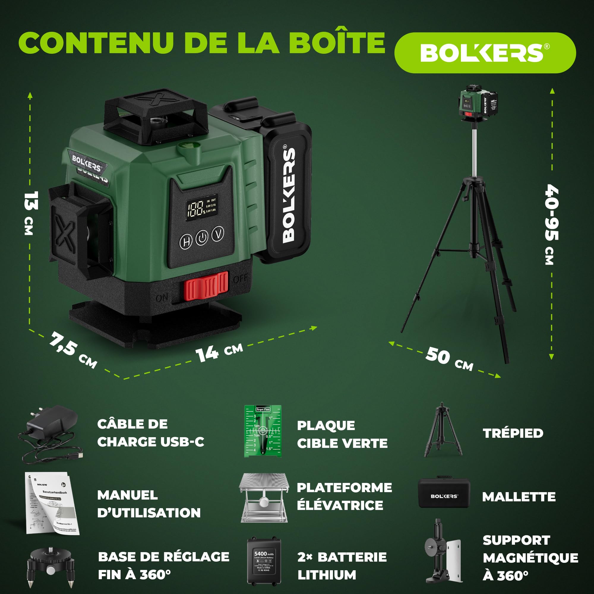 ProLaser 4x360° Niveau Laser Croix avec Trépied - Laser Vert Autonivelant, Niveau Laser Chantier, 16 Lignes, 2 Batteries, Mallette & Accessoires pour Carrelage, Mur & Installation