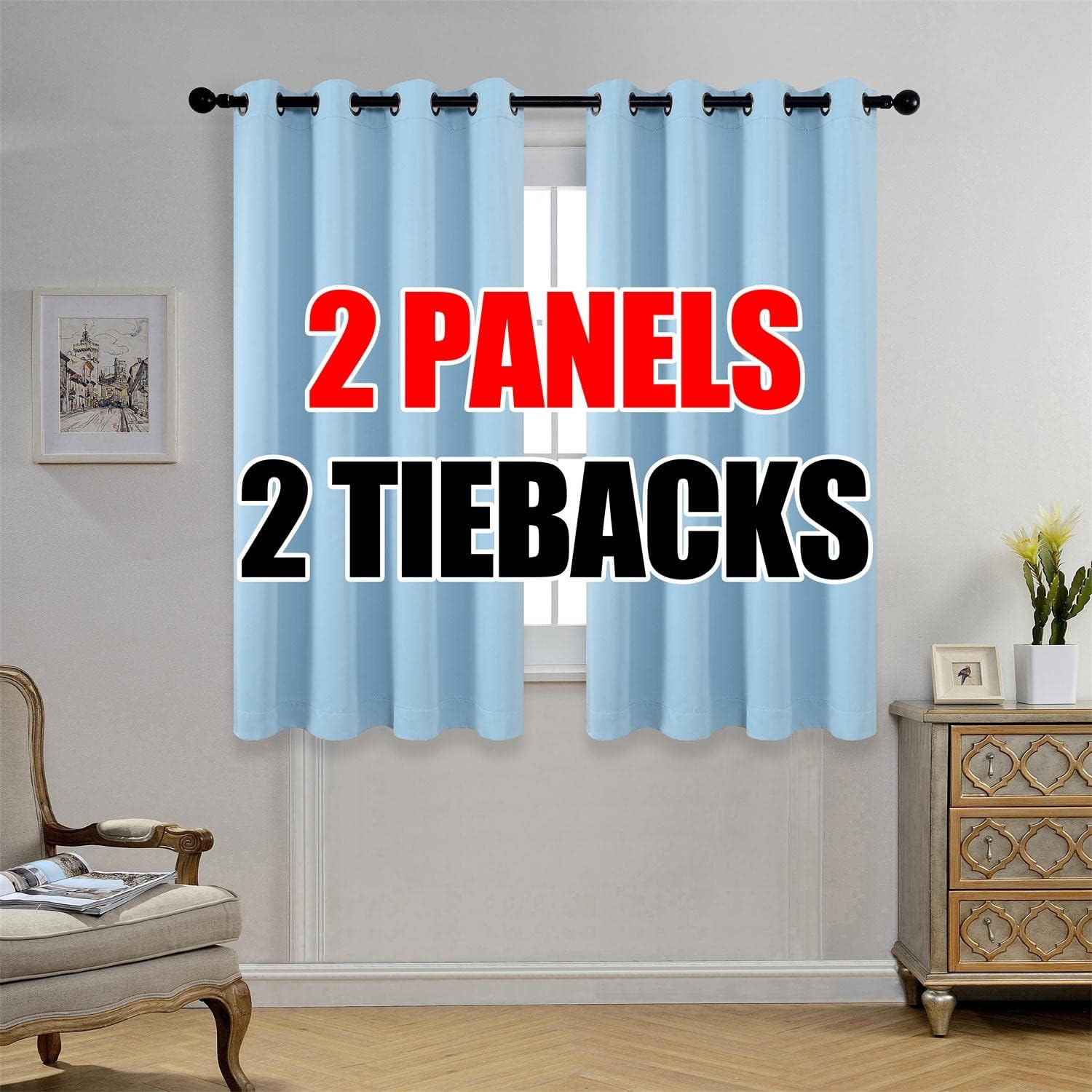 Miuco 1 Pair Thermal Insulated Grommet 52-Inch-by-63-Inch Blackout Window Curtain Panels with 2 Tie Backs, Sky Blue