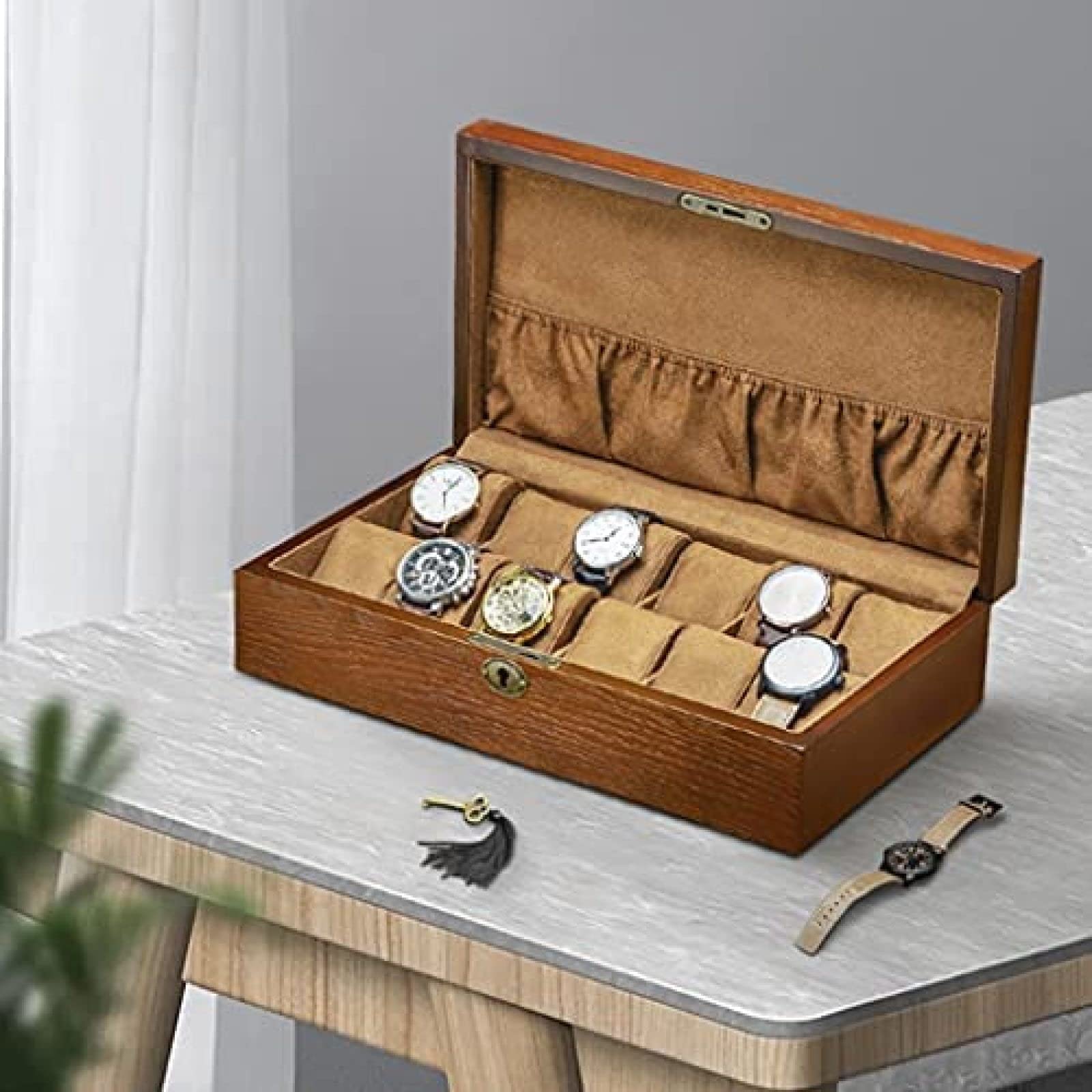 Caja De Reloj De Madera con 12 Ranuras, Caja De Almacenamiento De Reloj con Cerradura, Vitrina De Reloj Adecuada como Regalo para Coleccionistas De Relojes O Amigos,35×20×9.5cm