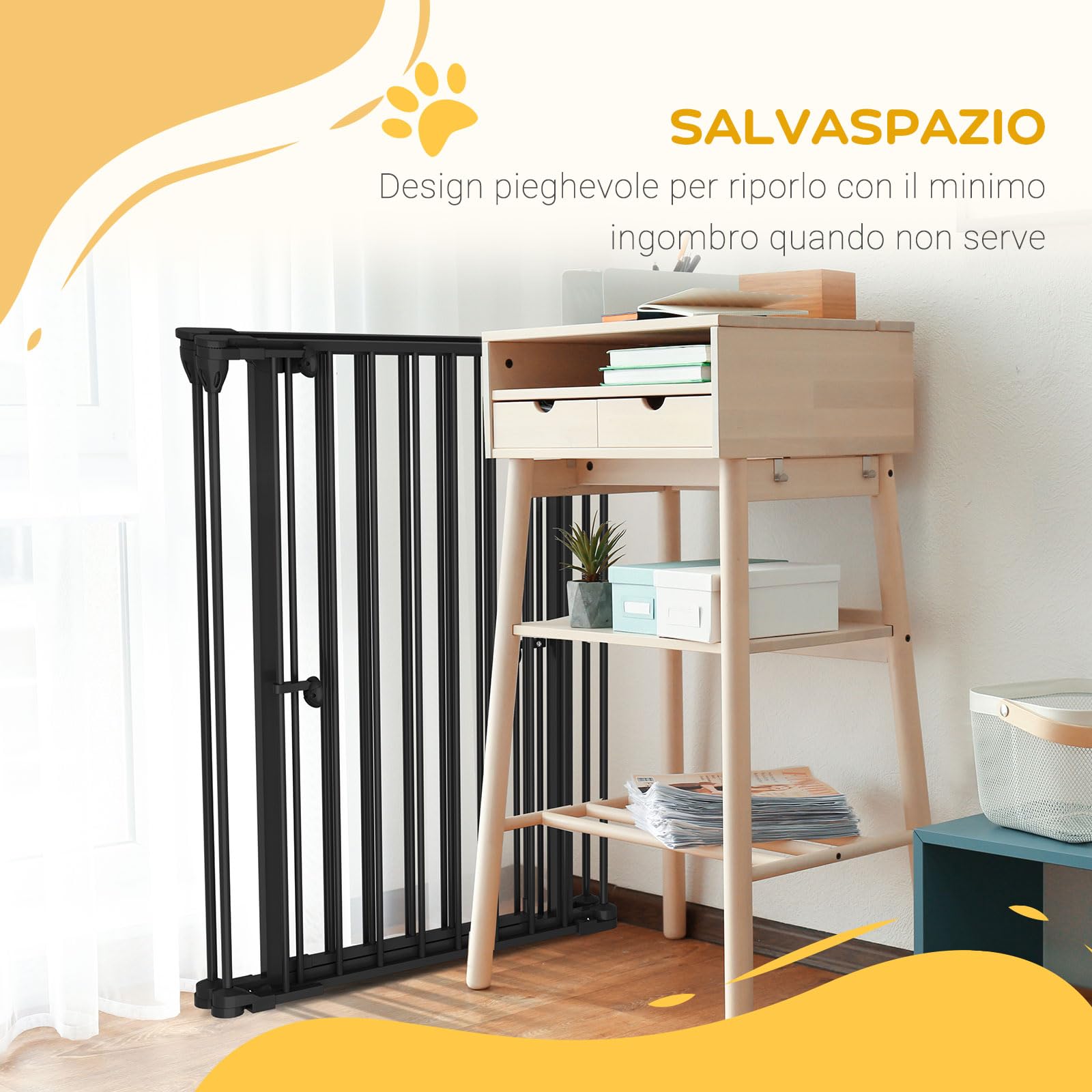 PawHut Cancelletto per Cani 90A cm a 3 Pannelli Pieghevoli con Doppio Sistema di Blocco, Cancelletto di Sicurezza in Acciaio e Plastica, 206x90cm, Nero
