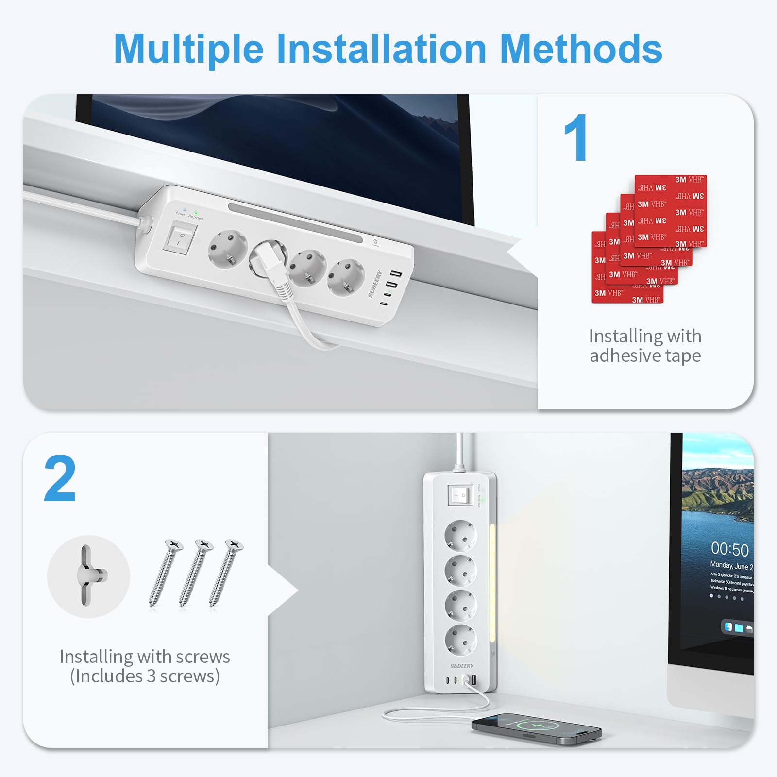 4-voudige stekkerdoos met USB C, hoekstopcontact, 4 USB met schakelaar, bureaustopcontact, overspanningsbeveiliging met 3 m kabel voor keuken, zwart