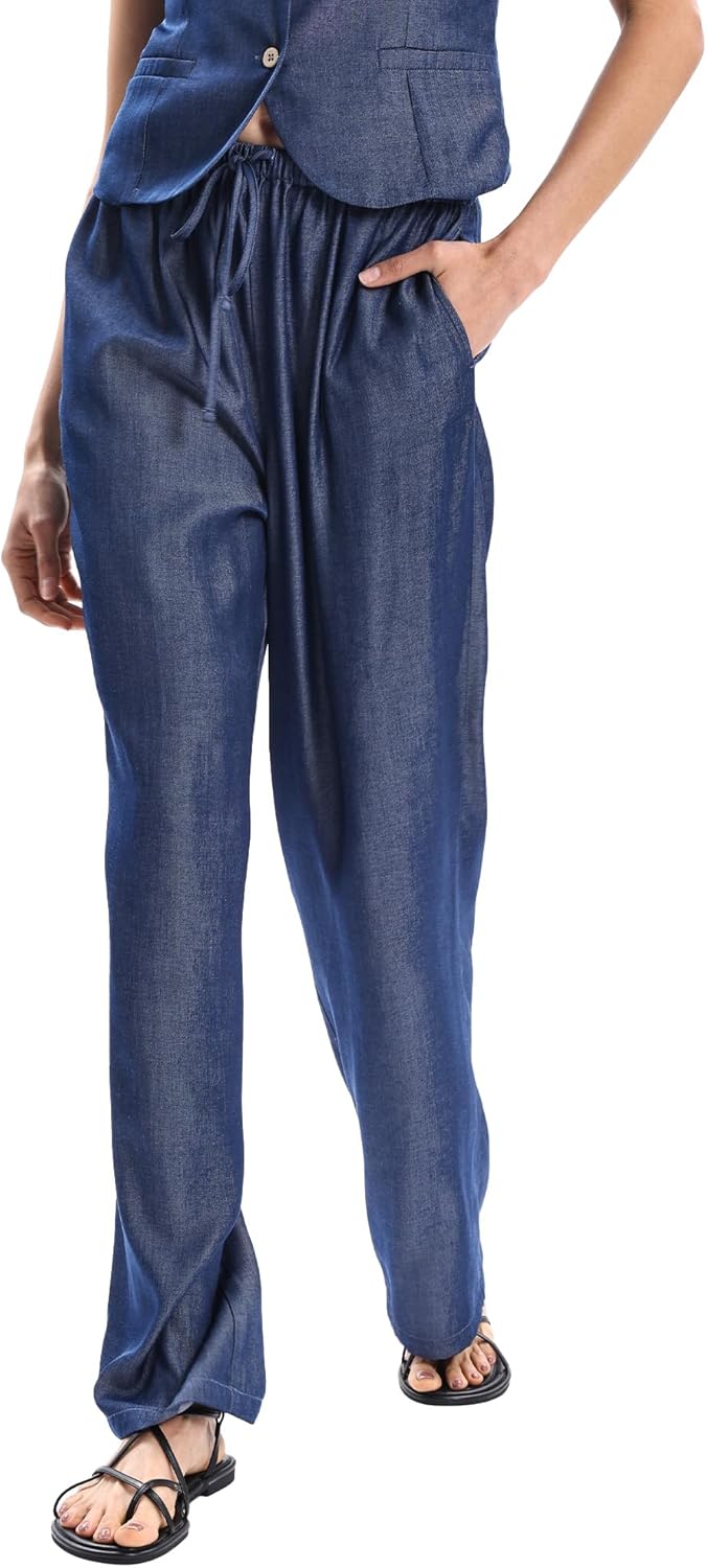 Xintianji Women's 2 Piece Summer Sets Sleeveless Button Down Crop Vest and Drawstring Wide Leg Pants Outfits with Pockets - Image 5