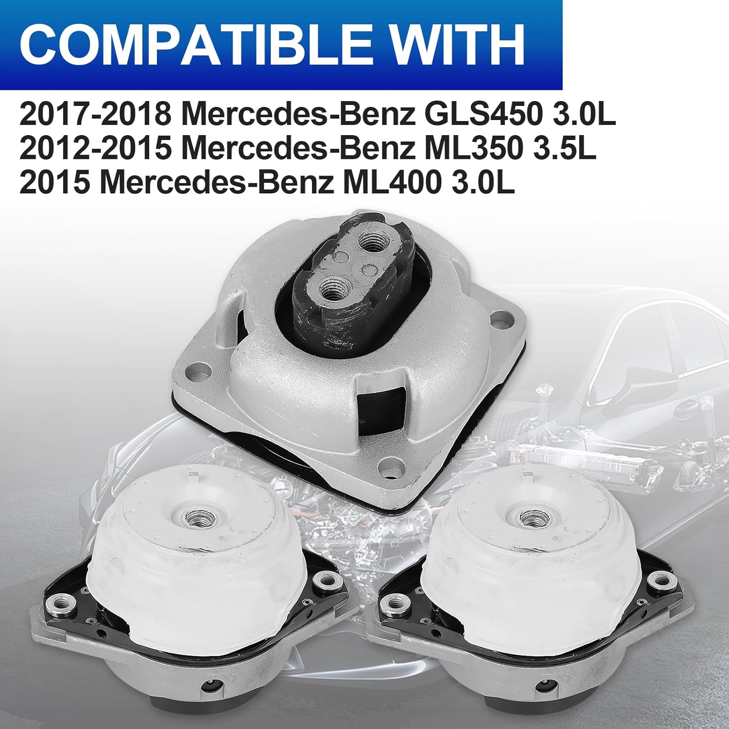 3PC Engine Motor & Trans Mounts Set (9940 9666) - Vibration Dampening Support - Fits GLE400 GLE43 AMG GLE550e, GLS450, ML350 ML400 (V6 3.0L/3.5L) - Models with Off-Road Package, Replaces A4094 A4096