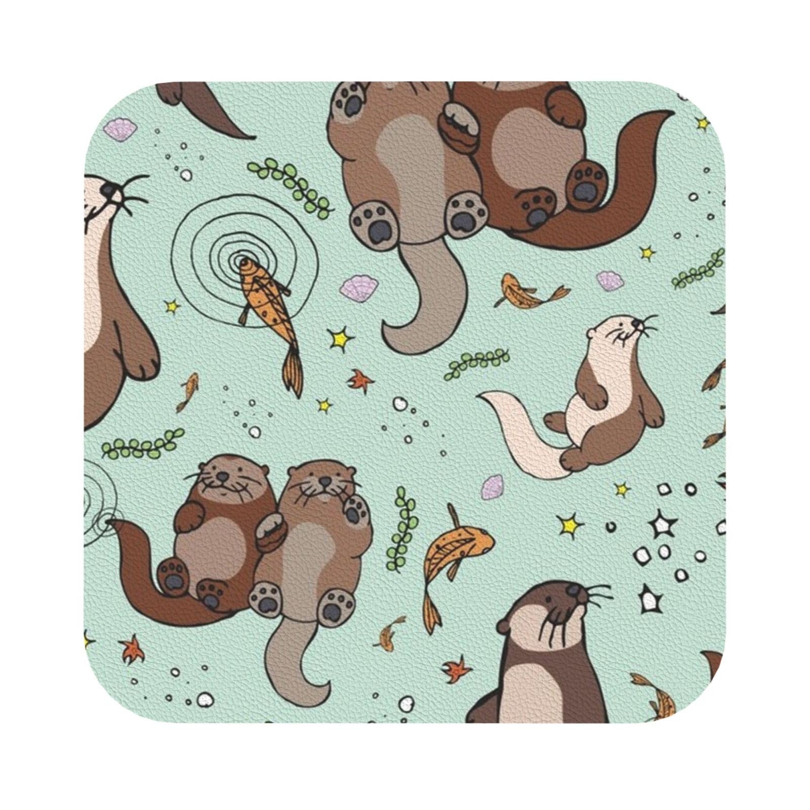Cartoon Cute PU Leather Coasters Set of 6 Square Drink Coasters
