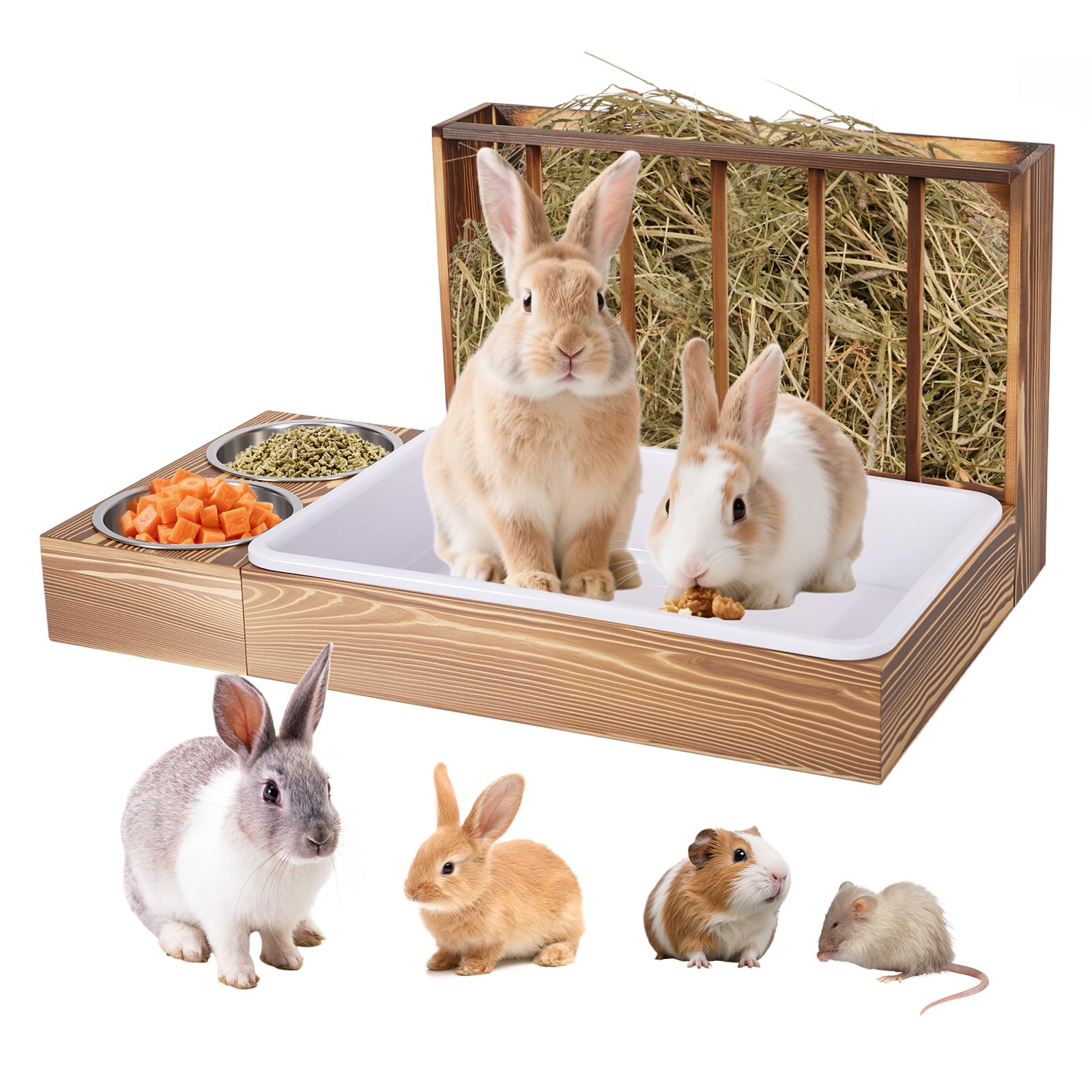 KHEARPSL 3 in 1 Rabbit Hay Feeder with Litter Box and 2 Bowls, Bunny Feeder Guinea Pig hay Rack Holder & Litter Box for Chinchilla Hamsters Guinea Pig Rabbit Bunny Small Animals (Brown)