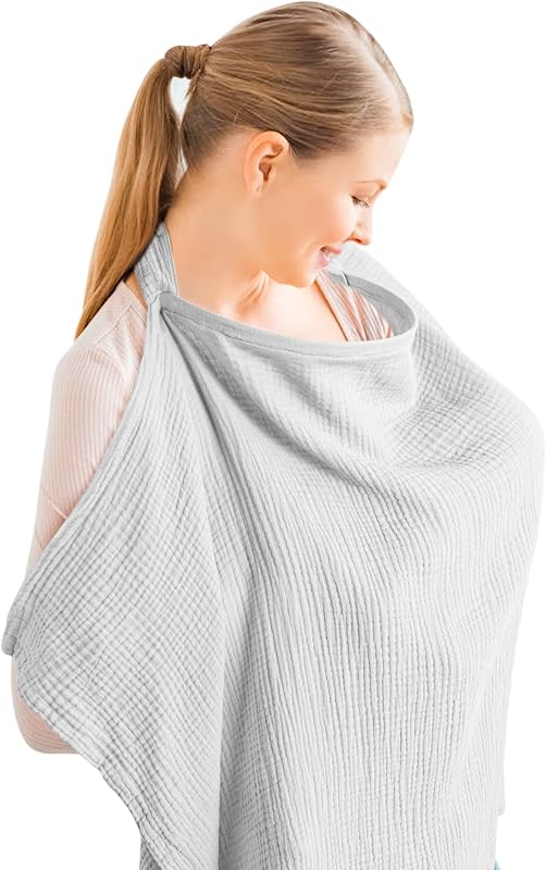 Konssy Muslin Nursing Cover Up for Breastfeeding with Rigid Hoop | 100% Cotton Nursing Apron, Lightweight & Breathable, Carseat Canopy, Breast Feeding Covers for Women ((Grey)