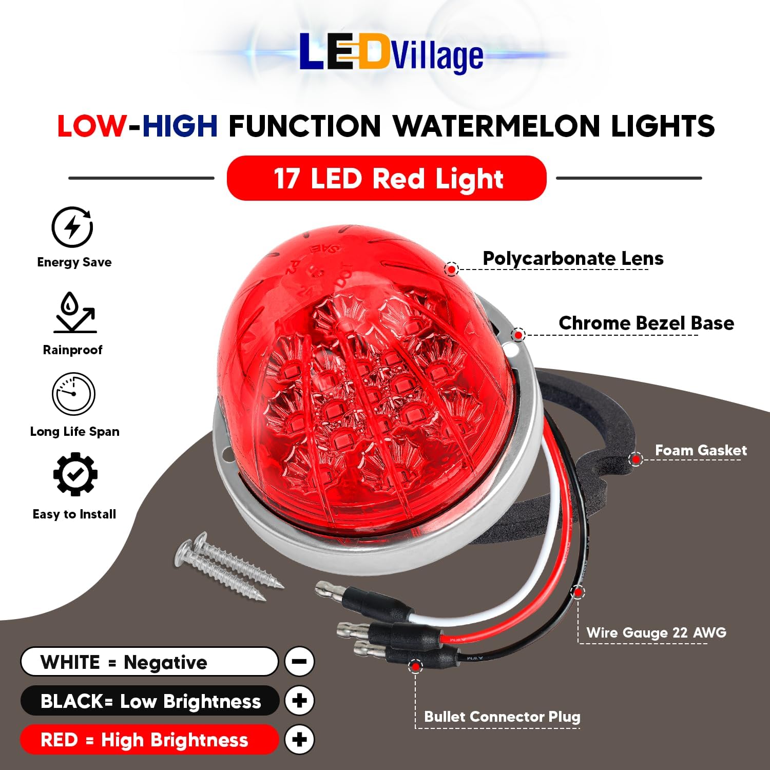2PCS Red Watermelon LED Lights Low/High Dual Function Marker with Stainless Steel Bezel, 12V Side Clearance Light for Freightliner, Kenworth, Peterbilt