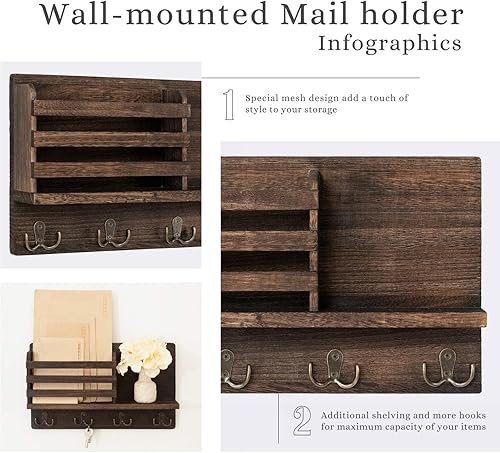 Miniatura 6 de Dahey Soporte para correo montado en la pared, organizador de llaves y correo de madera con 4 ganchos dobles para entrada, estante decorativo
