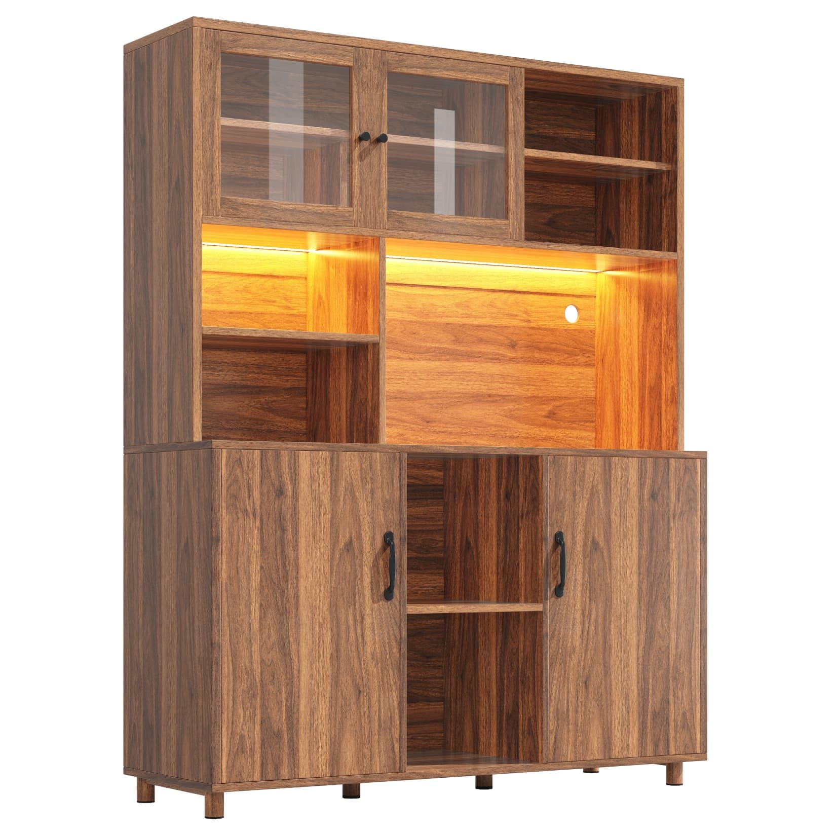 Buffet Haut de Cuisine,Armoire de Salon Moderne,Buffet Salle a Manger,Meuble de Rangemen avec étagères réglables et éclairage LED,2 Portes coulissante en Verre,140x40x185cm (Marron Noyer)