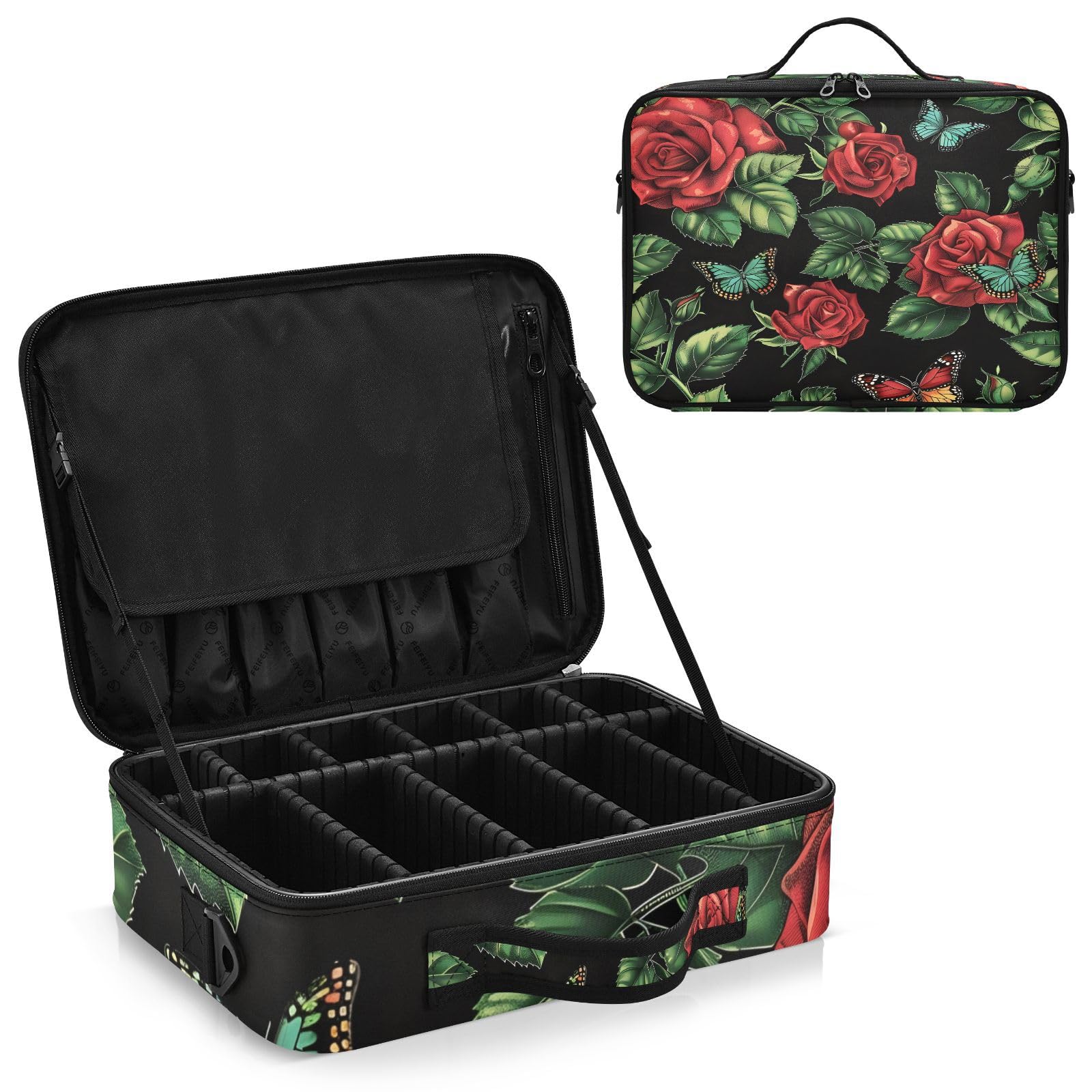 zyrtty Travel Makeup Train Case Red Rose Butterfly Pattern Cosmetic Organizer Portable Storage Bag with Adjustable Dividers for Cosmetics Brushes Toiletry Jewelry Digital Accessories