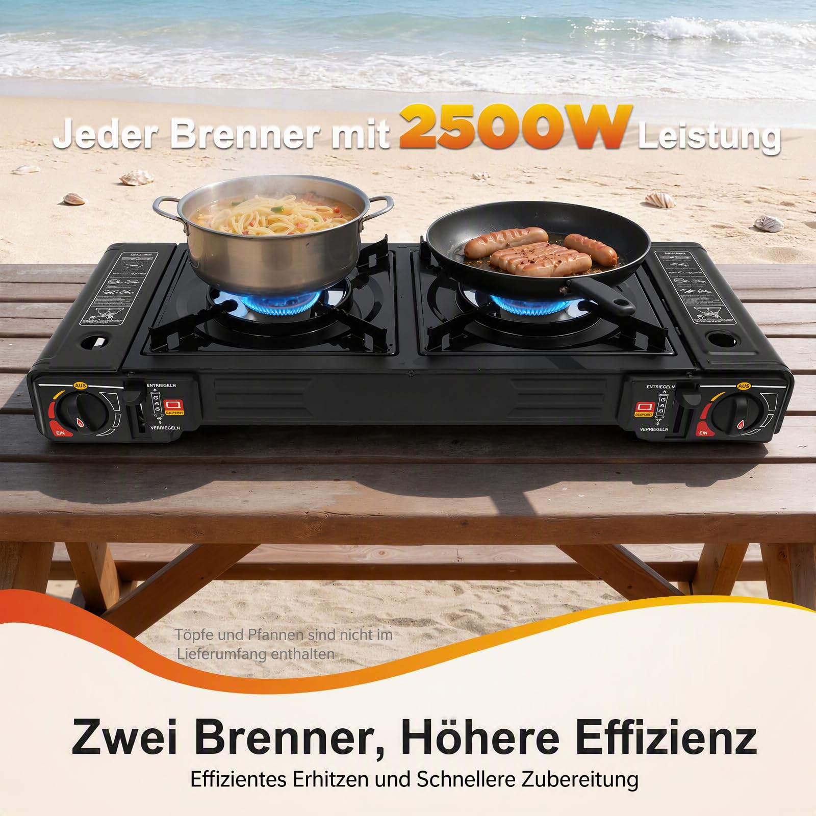 Réchaud de camping portable à 2 flammes, avec plaque de cuisson et sac de transport, brûleur de 2500 W avec allumage piézo, appareil de table pour bouteille de gaz et cartouche – extérieur