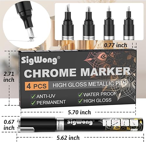Miniatura 7 de Sig Wong Marcadores cromados metálicos, 4 piezas de pintura cromada permanente plateada, impermeables y brillantes, para pintura de modelos,