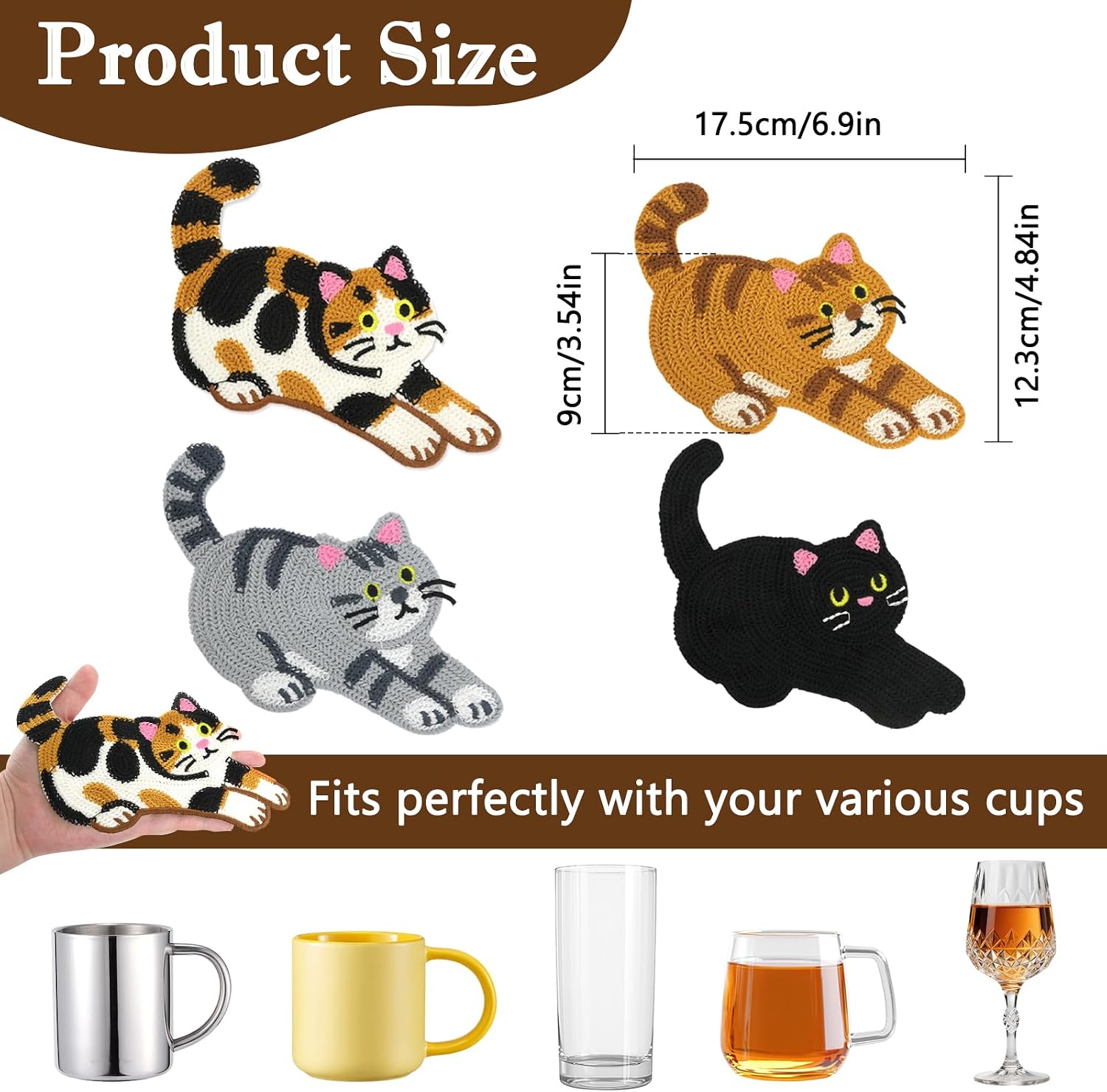 Cute Cat Coasters for Desk, Funny Woven Coaster for Decoration, Creative Gifts for Cat Lovers, Crochet Insulation Knitted Coasters for Coffee Tea Table Desktop Protection (4, Style C) image 2