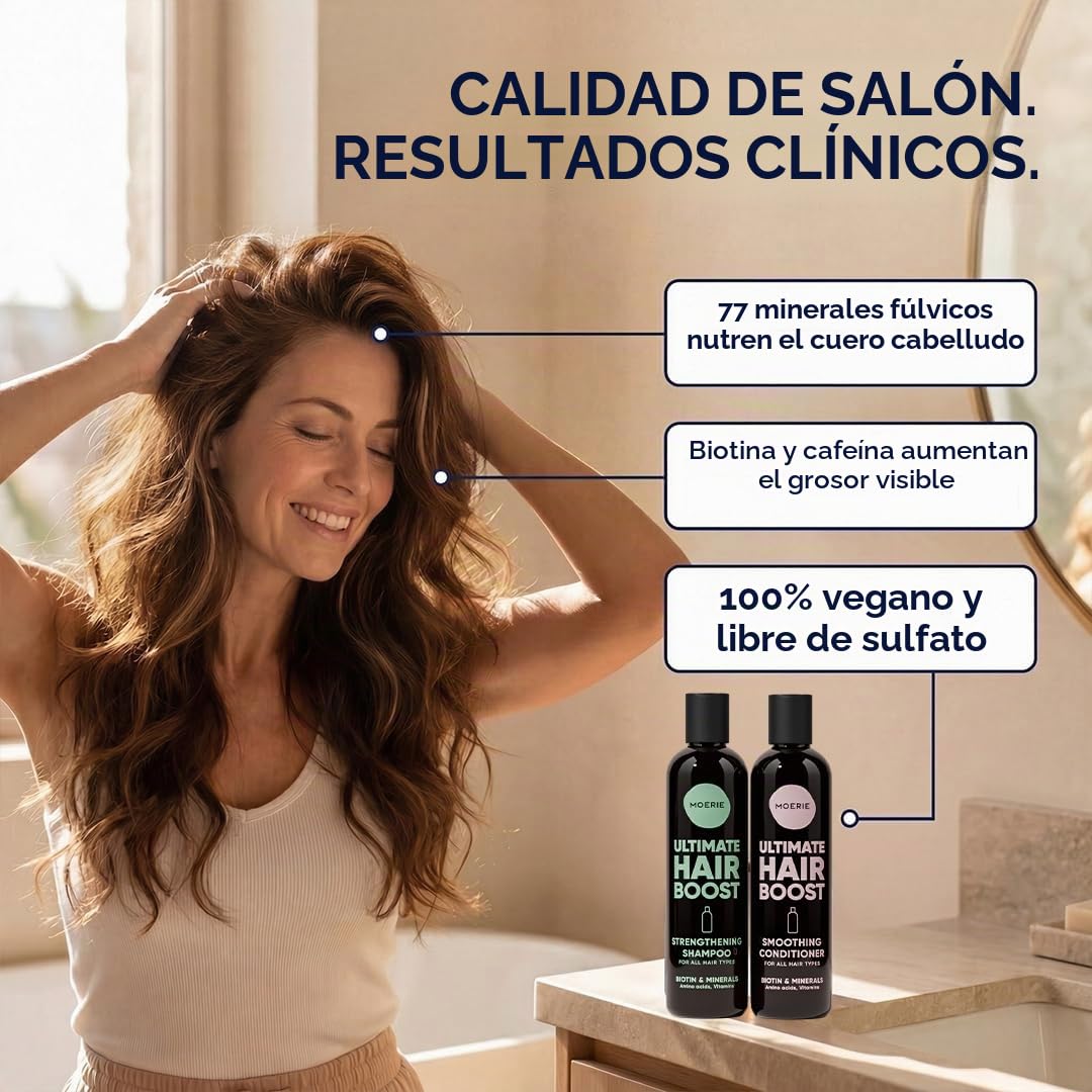 Moerie champu Anticaída mujer y hombre – Champu y acondicionador voluminizador con ingredientes de origen natural - Con más de 100 activos para un cabello grueso, largo y saludable. 2 X 8.45 Fl Oz