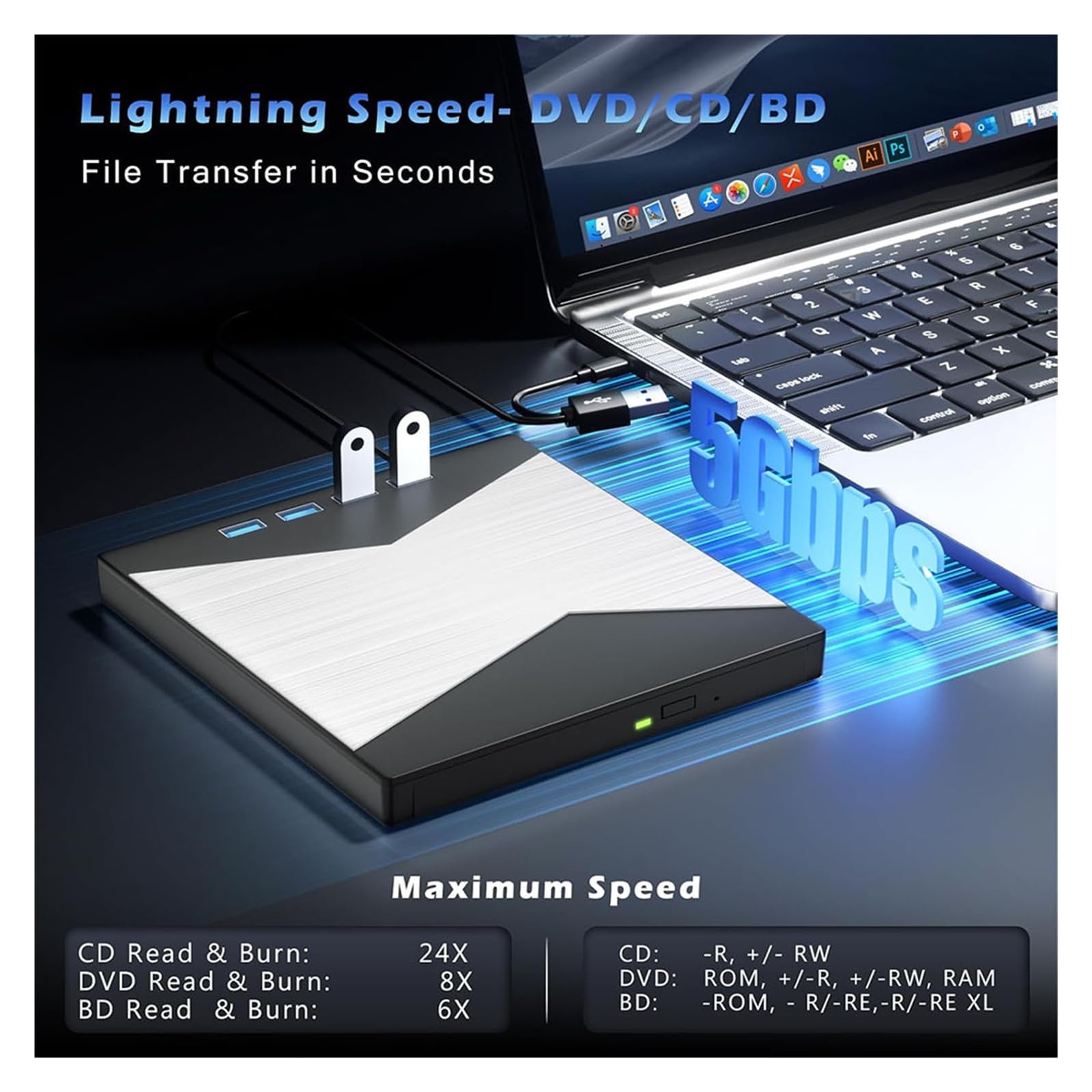Lettore DVD portatile, Lettore Blu-ray esterno 4K for laptop USB 3.0/lettore CD/DVD RW/masterizzatore