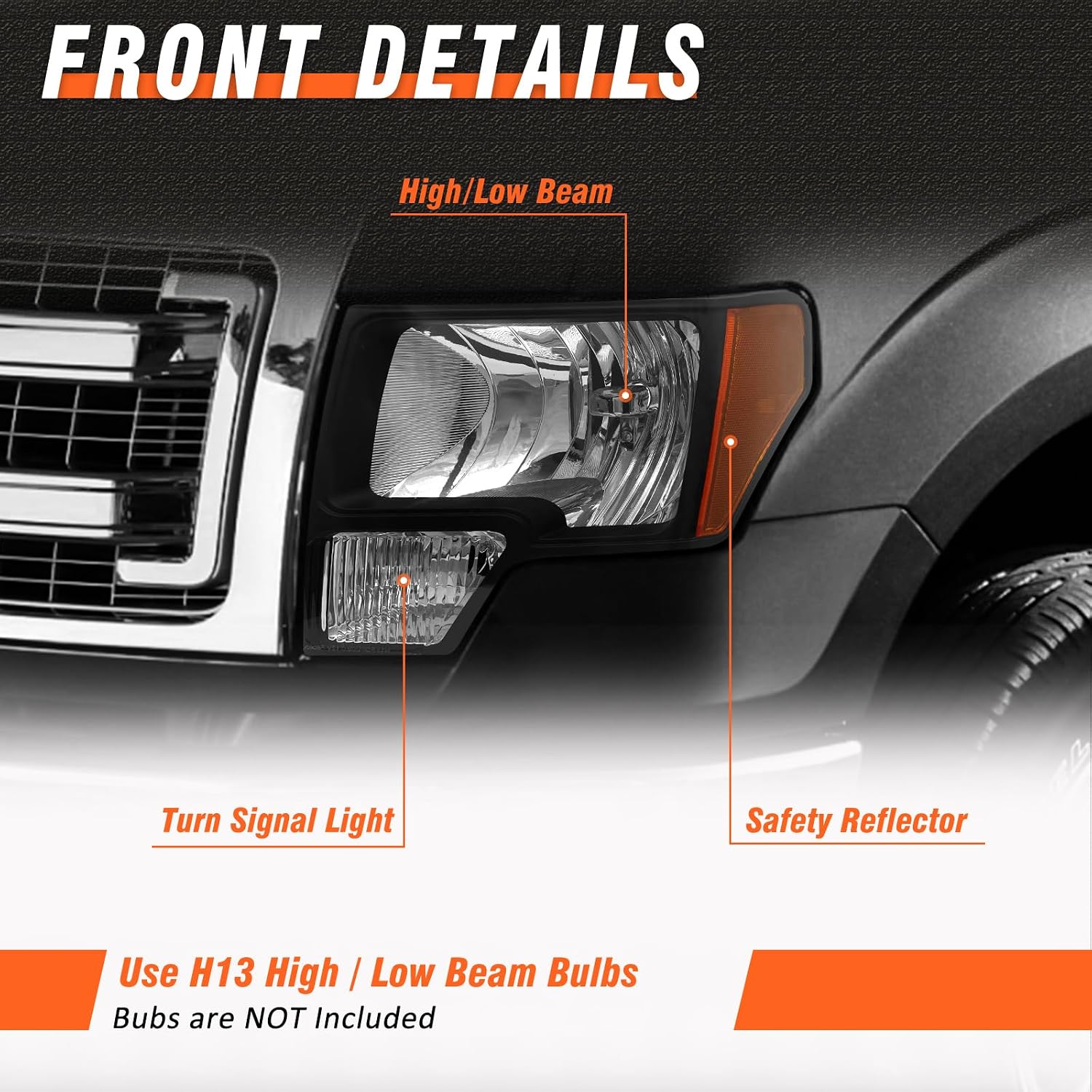 for 2009-2014 Ford F150 Pickup Headlights Assembly Compatible with 2009 2010 2011 2012 2013 2014 F150 Black Housing Amber Reflector Replacement Driver & Passenger Side