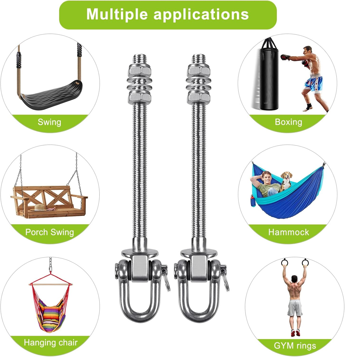 SELEWARE Heavy Duty Stainless Steel Swing Hangers with Bearings (Set of 4), Swing Bolts M10 x 9", 1800LB Capacity for Wood & Steel Beams, Yoga Hammock, Porch Swing