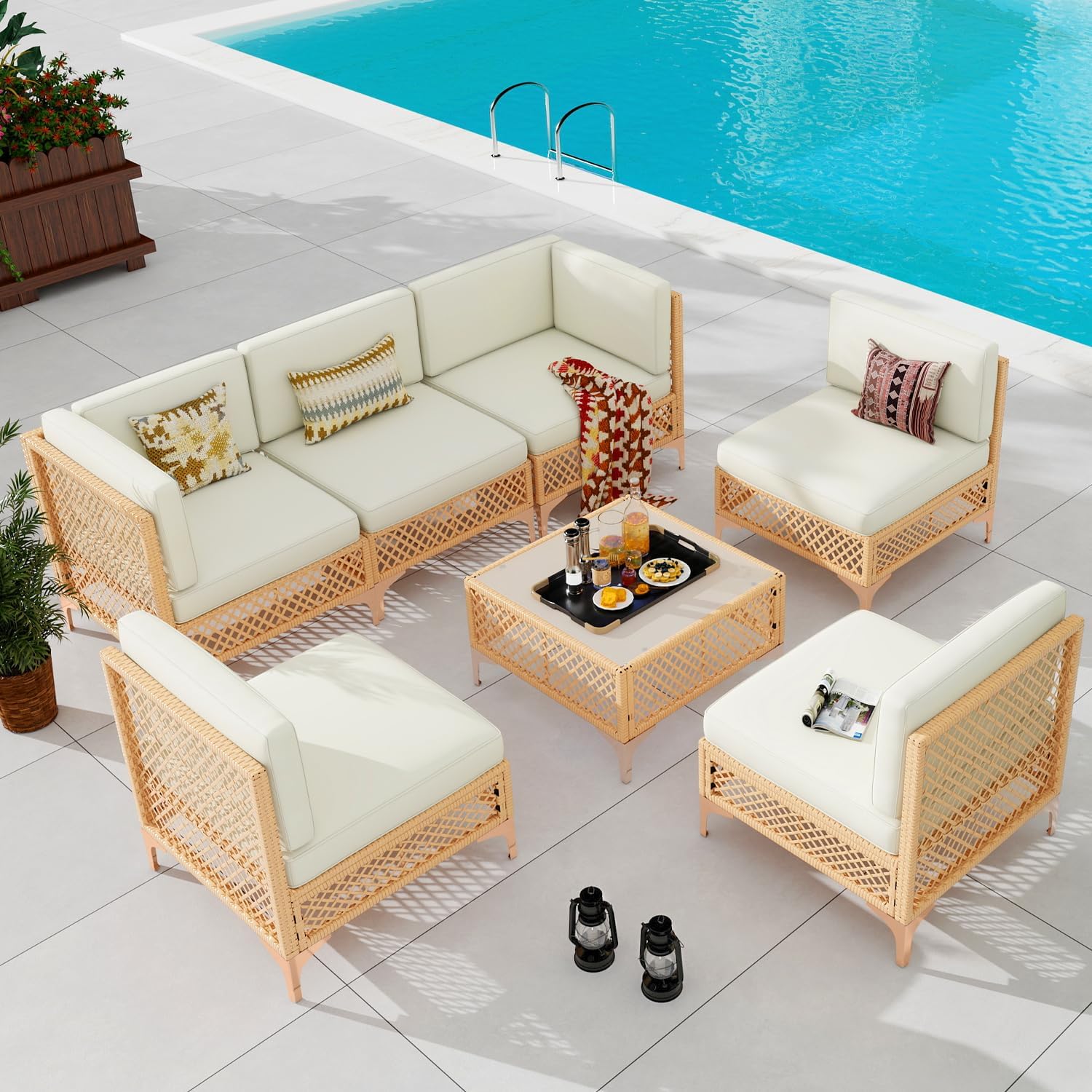 Vikiullf 7 Piece Outdoor Patio Furniture Set, PE Rattan Wicker Patio Conversation Sets, All Weather Sectional Sofa with Thick Cushion, for Garden, Poolside, Backyard