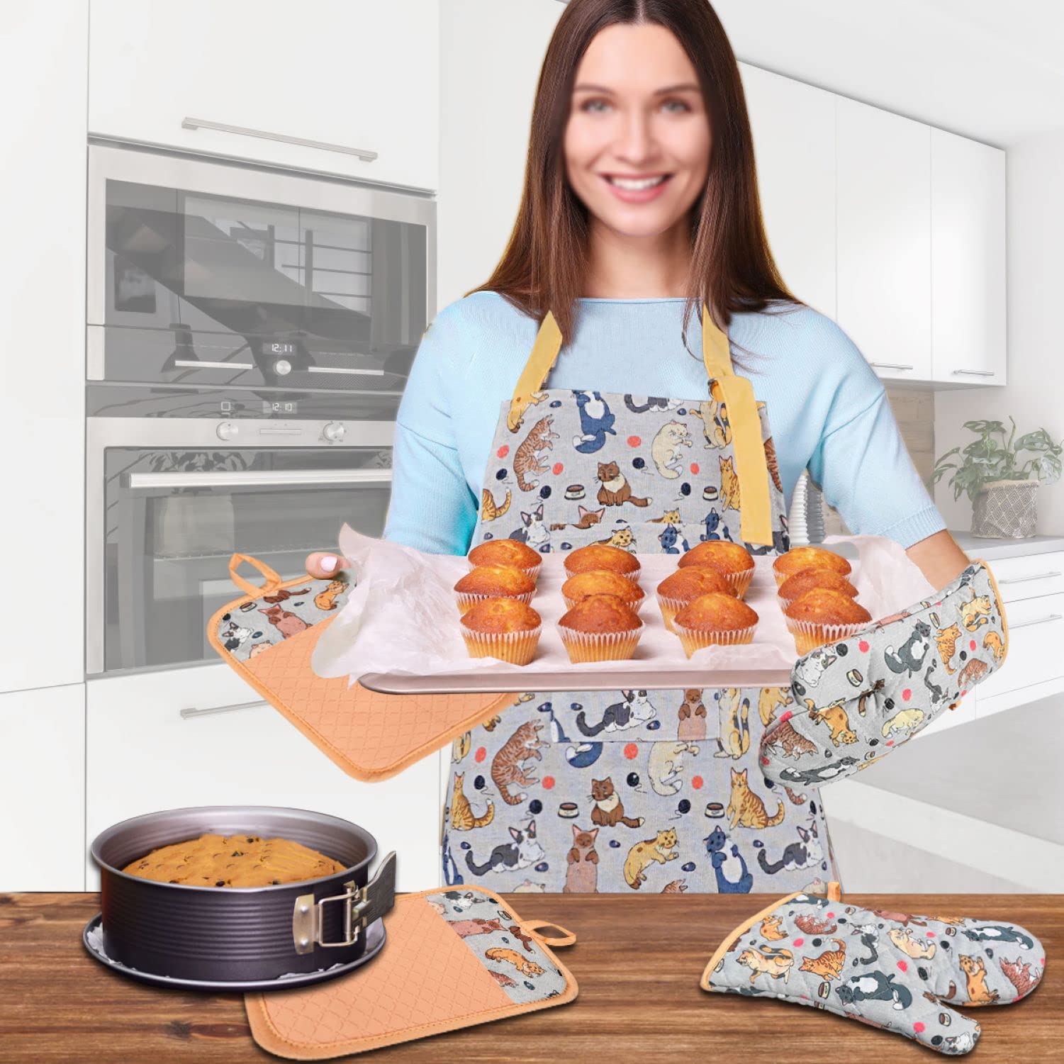 Alselo Rękawice kuchenne i uchwyty na garnki z fartuchem do gotowania, zestaw 5 odpornych na wysokie temperatury rękawic kuchennych i silikonowych antypoślizgowych uchwytów na garnki, regulowany