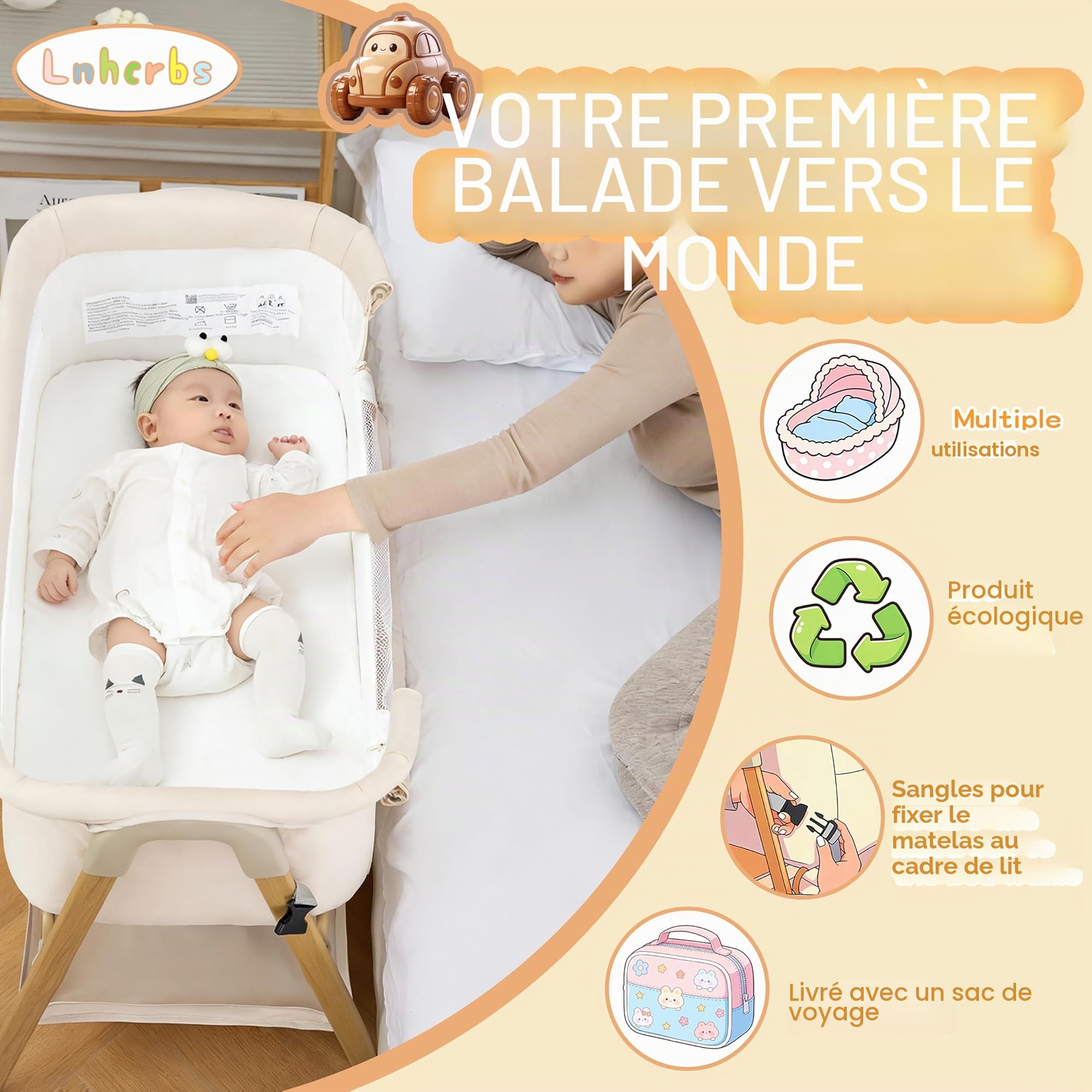 Lit Parapluie Bebe, Lit Cododo avec Matelas, Moustiquaire, Sac De Rangement, Roues Bloquables & Sangles-it pour Bebe pour 0-6 Mois,Jusqu'à 9kg-Bois Foncé