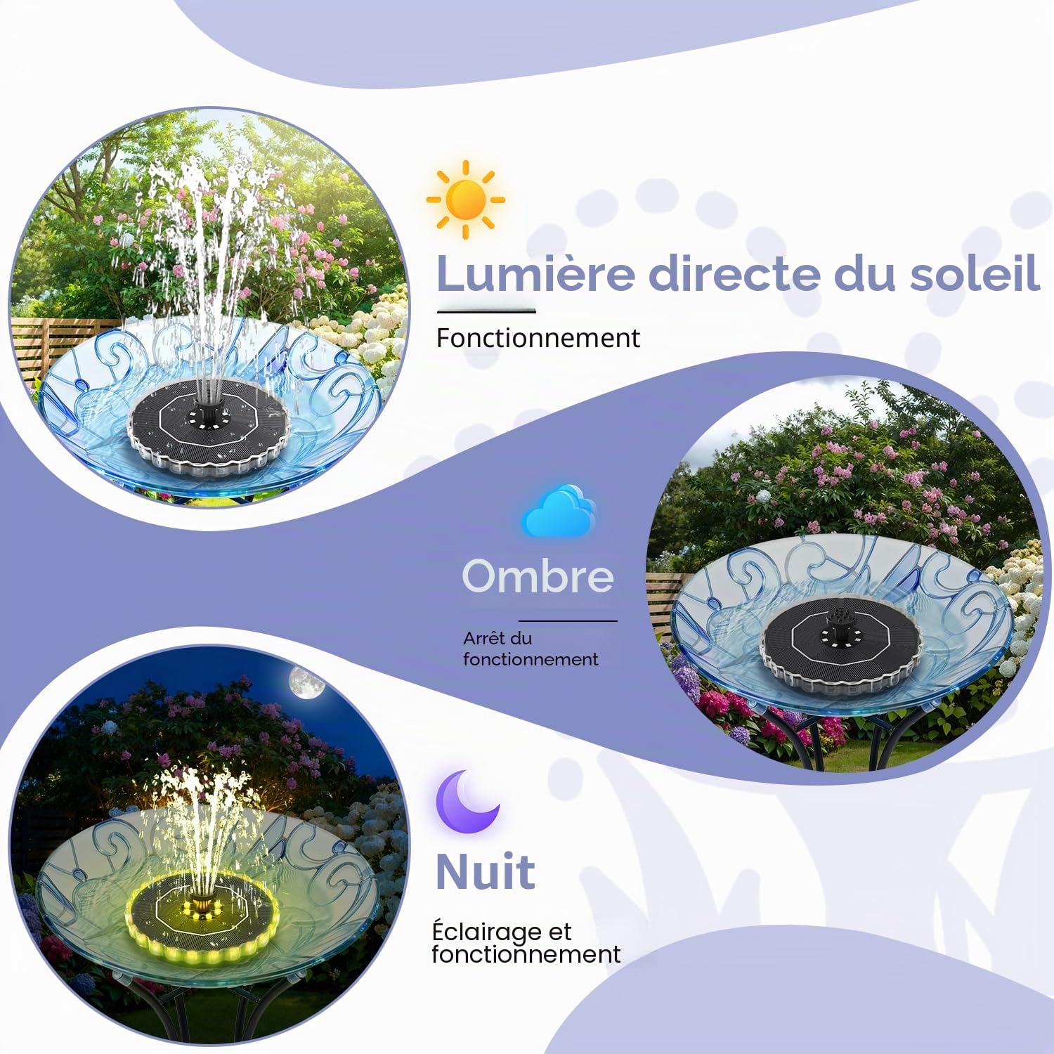 Fontaine Solaire LED Colorées, Yzert 3.5W Extérieur Flottante Pompe Bassin Solaire, 2000mAh Batterie, Fontaine Solaire Verre avec 7 Buses & 4 Tiges Fixes pour Bain d'oiseaux