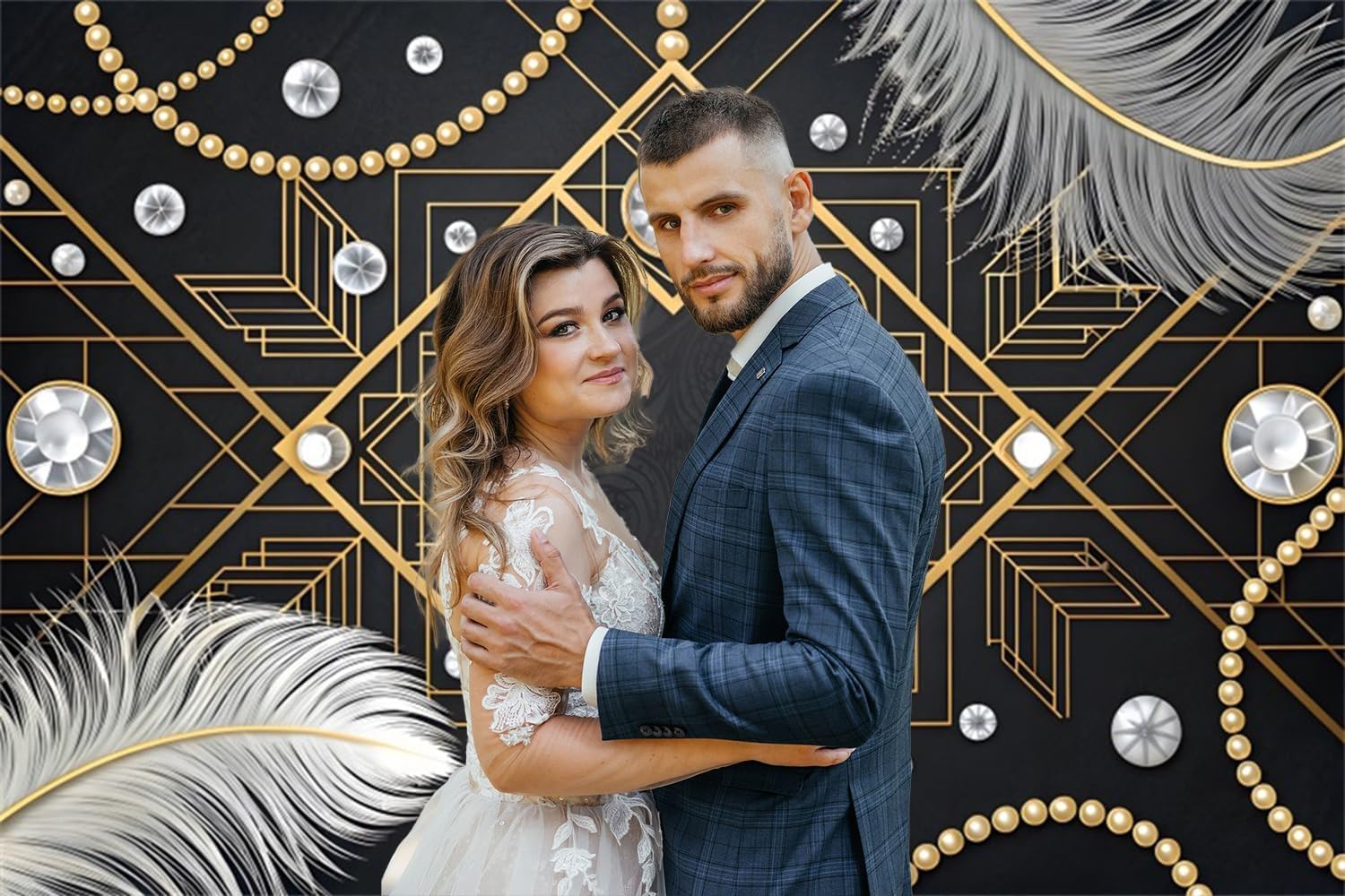 Leowefowa 1920S Roaring Great Backdrop 10x8ft Vinyl Luxury Black Gold Photography Background Feather Pearl Art Deco Wedding Birthday Party Decoraction Dance Prom Masquerade Photo Backdrop Props image 2