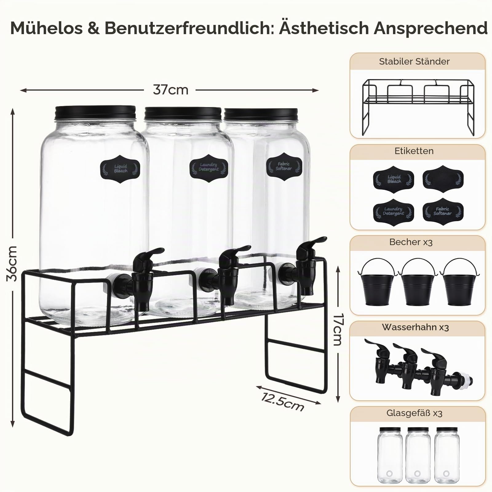 Flüssigwaschmittelspender, 3x 2.2L Waschmittelspender, Glasbehälter für Flüssigwaschmittel, Bleichmittel, Weichspüler, Waschseifenspender für Waschküchen-Organisation