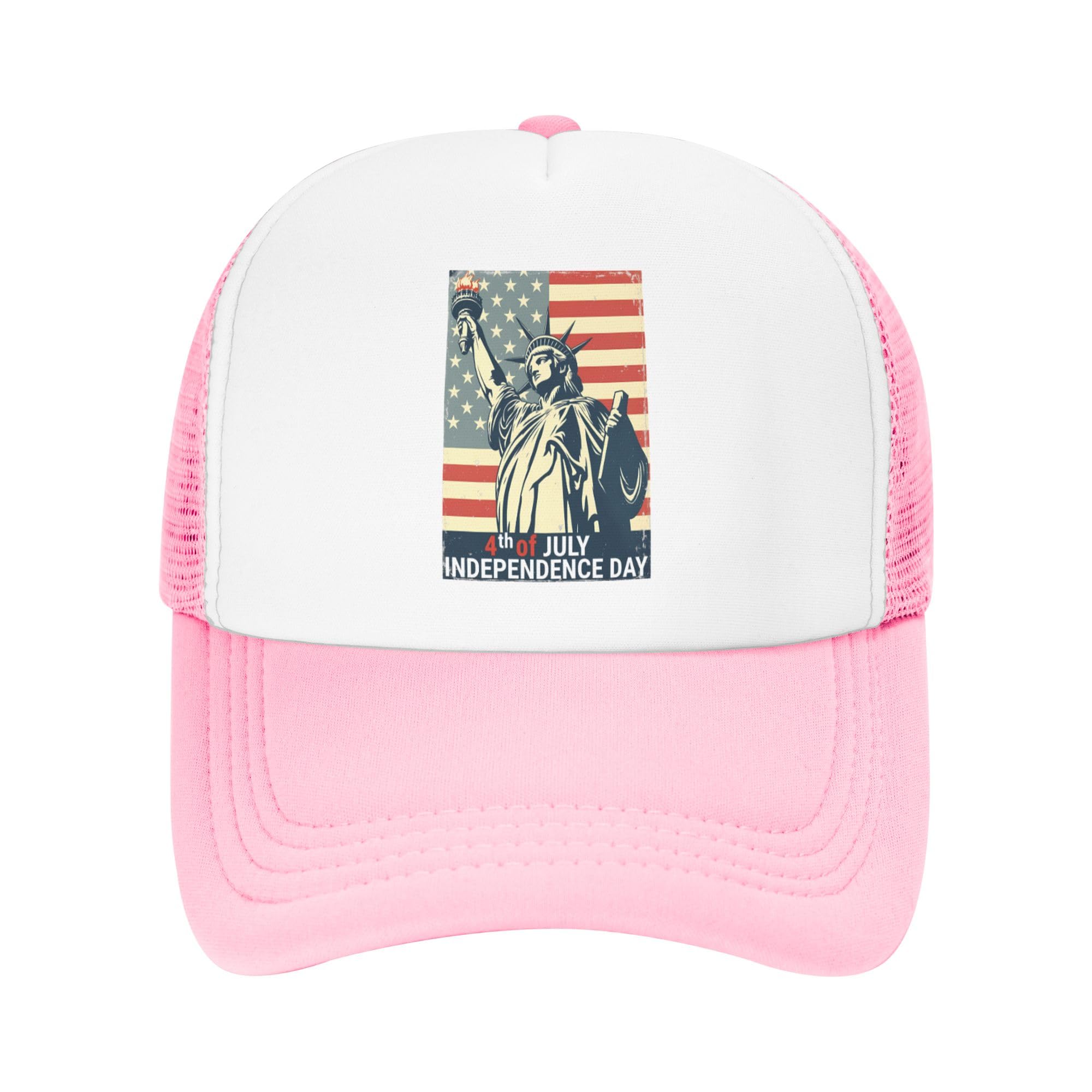 Happy 4th of July Statue of Liberty Trucker Hat Independence Day Patriotic Baseball Cap Mesh Back Adjustable Hats for Kids - Pink