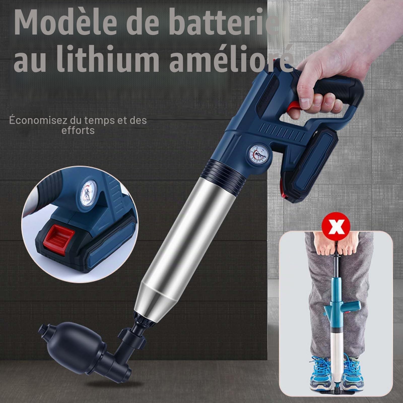 Aisny Deboucheur WC Électrique, Déboucheur à Pompe Deboucheur Canalisation Professionnel avec Indicateur de Pression d'air et 4 Adaptateurs en Caoutchouc pour Salle de Bain Cuisine Toilettes