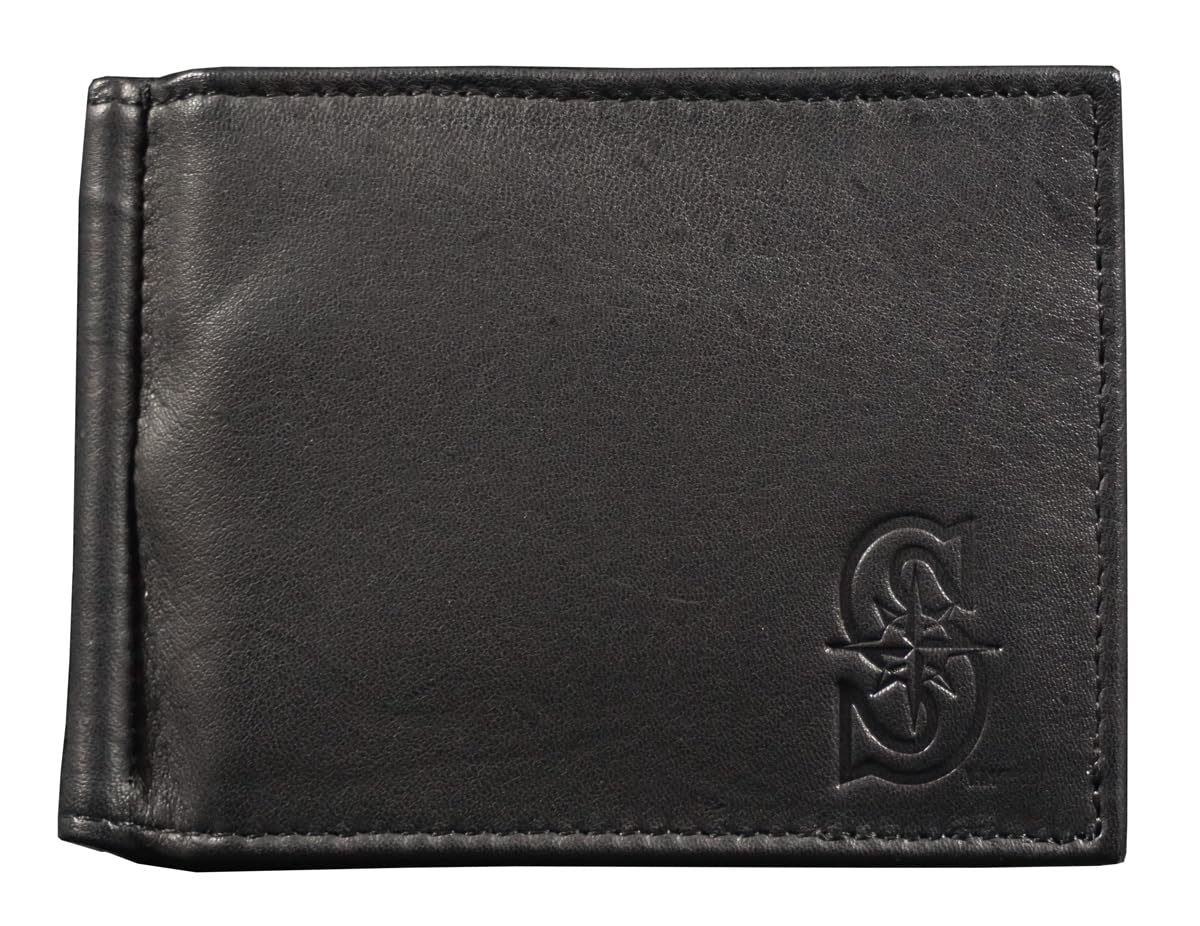 Seattle Mariners Baseball Black Leather RFID Blocking Shield Moneyclip Style Wallet