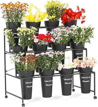 Metal Flower Display Stand with 12 Buckets and Wheels, 3-Tier Flower Bar Cart, Moving Florist Bouquet Shelf for Wedding Decor & Florist Displays Bridal Shower, Black120x73x112cm