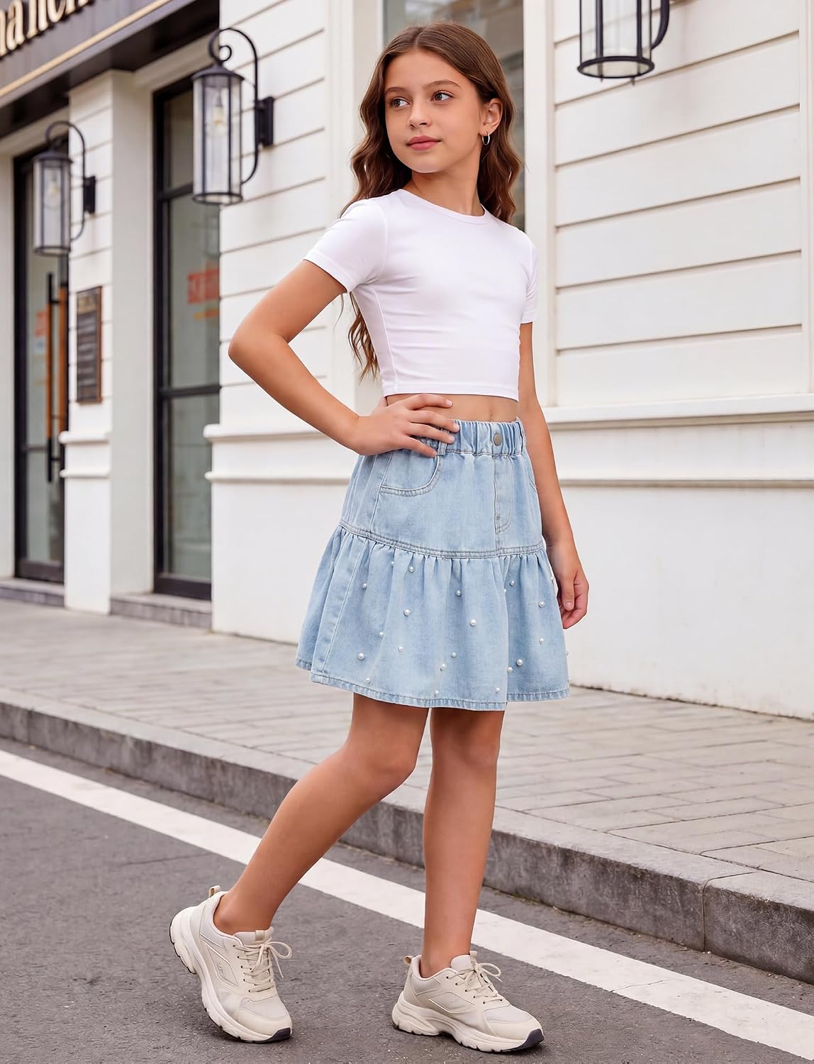 Happy Cherry Girl's Denim Skirts Built-in Shorts Elastic Waist Mini Pleated Jean Skirts with Pockets