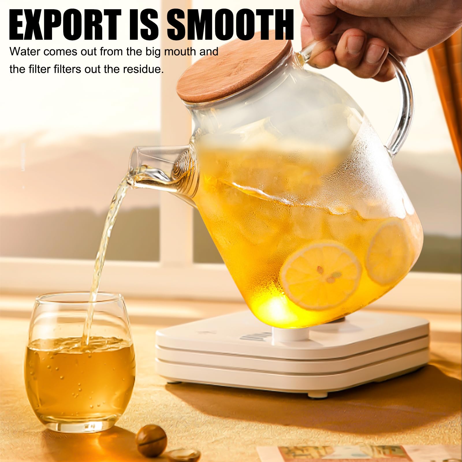 Dzbanek do herbaty z drewnianą pokrywką, 1800 ml, ze szkła borokrzemowego, wytrzymały, odporny na wysokie temperatury, przezroczysty dzbanek do herbaty z sitkiem, nowoczesny, gruby szklany zaparzacz