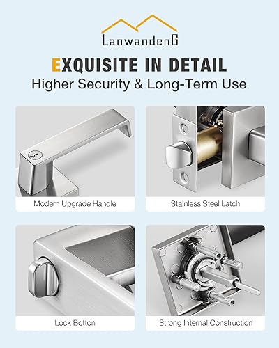 Miniatura 4 de Lanwandeng Manija de puerta de entrada con llave similar, manija de puerta delantera, níquel satinado, cerraduras para puerta de dormitorio